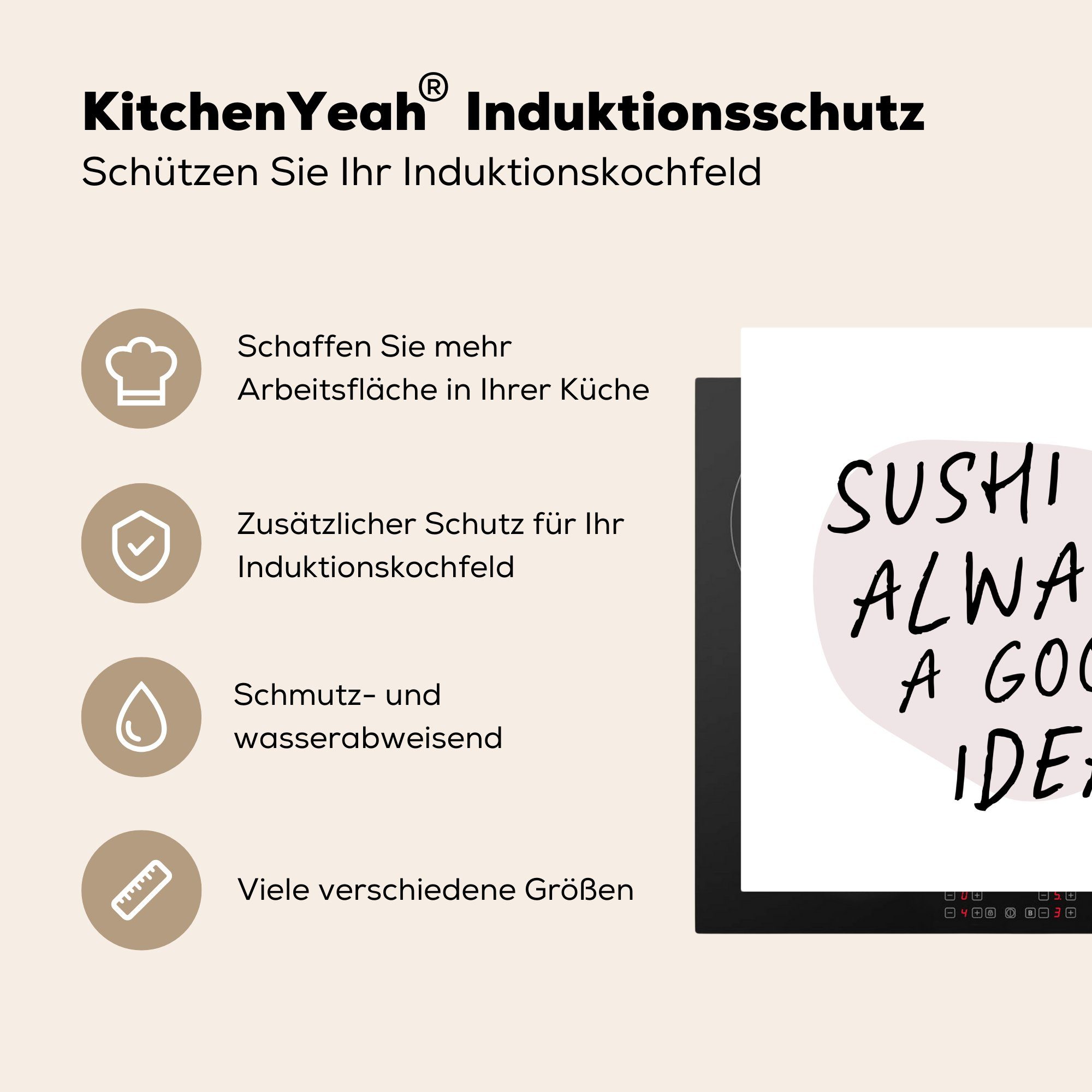 gute Zitate (1 Arbeitsplatte 78x78 Herdblende-/Abdeckplatte Essen, küche Ceranfeldabdeckung, Vinyl, ist - cm, MuchoWow - Idee für Sprichwörter Sushi eine tlg), immer -