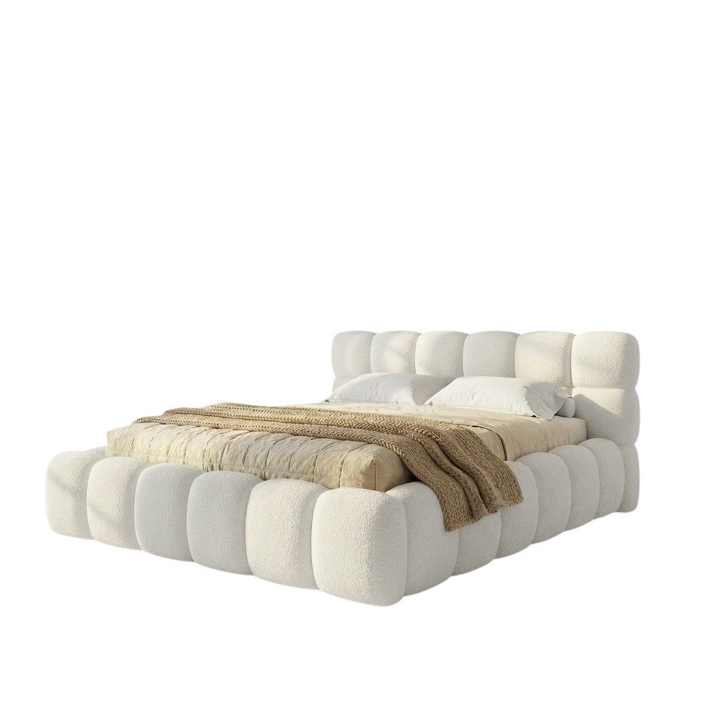 yourhouse24 Polsterbett Boston Slim Bouclé kompaktes Wolkenbett mit Bettkasten, Bubble-Optik & Japandi