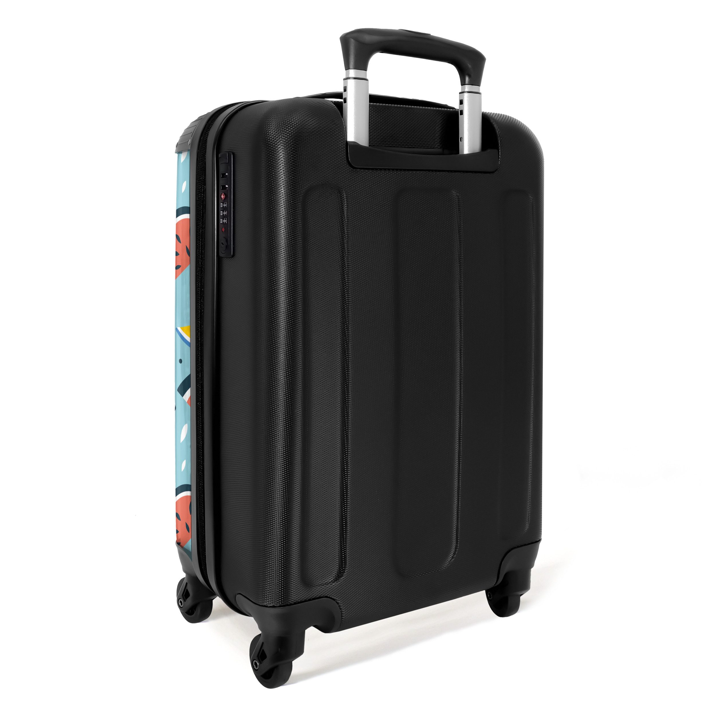 NoBoringSuitcases.com© Hartschalen-Trolley Wassermelonen und Fruchtsegmente auf hellblauem Muster 55x35x20cm, 4 Rollen, Reisetasche mit Rollen, Koffer Handgepäck Flugzeug
