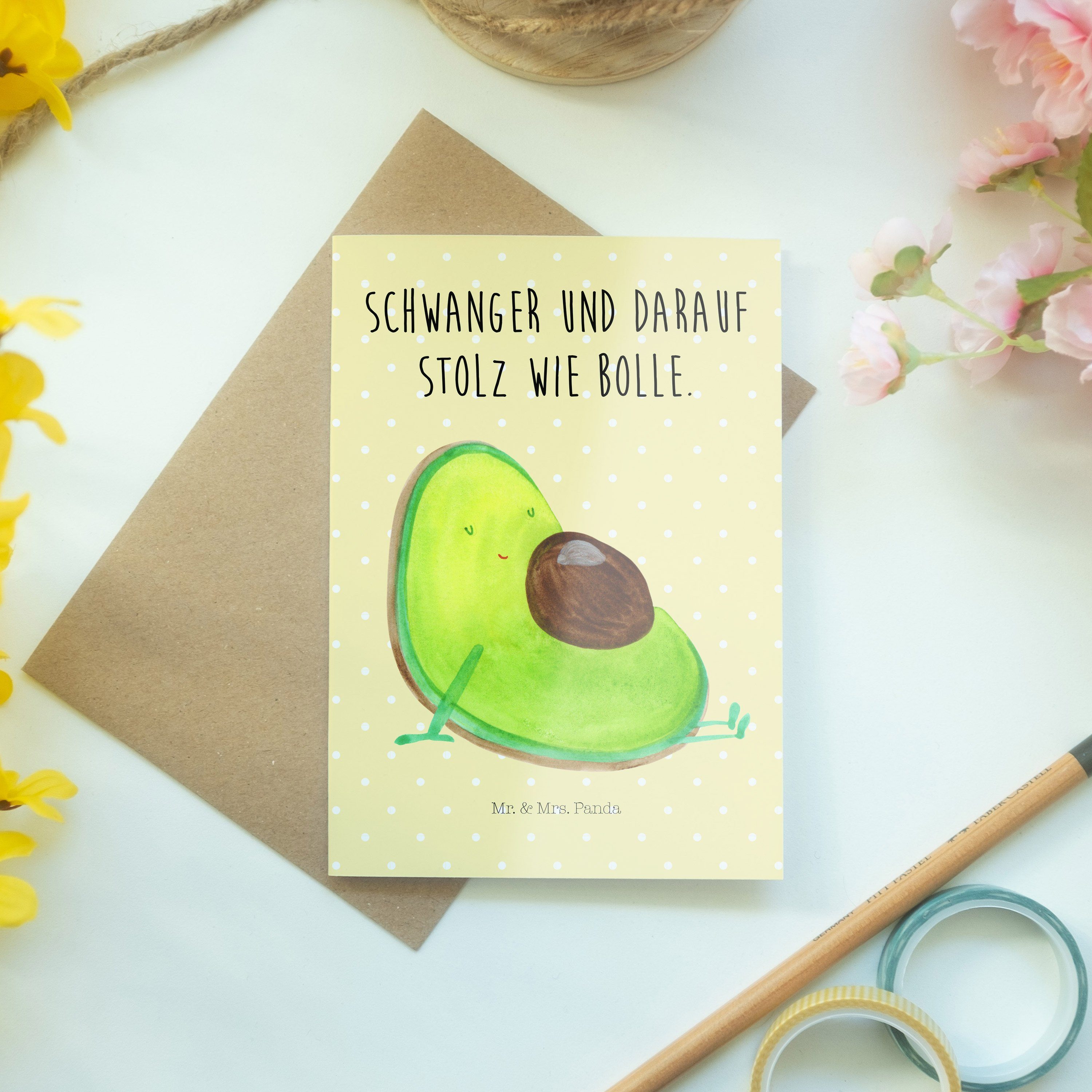 Karte, Geschenk, - Vegan, Panda Ge & schwanger Mr. Mrs. Gelb Grußkarte - Avocado Veggie, Pastell