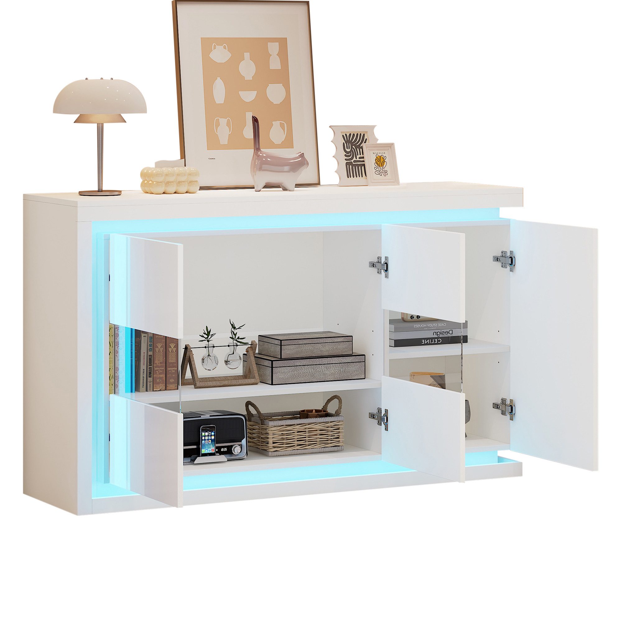 Merax Sideboard hochglanz Weiß Buffetschrank mit LED- Beleuchtung (1 St), Kommode Anrichte mit 3 Türen & verstellbaren Einlegeböden, 140x40x84cm