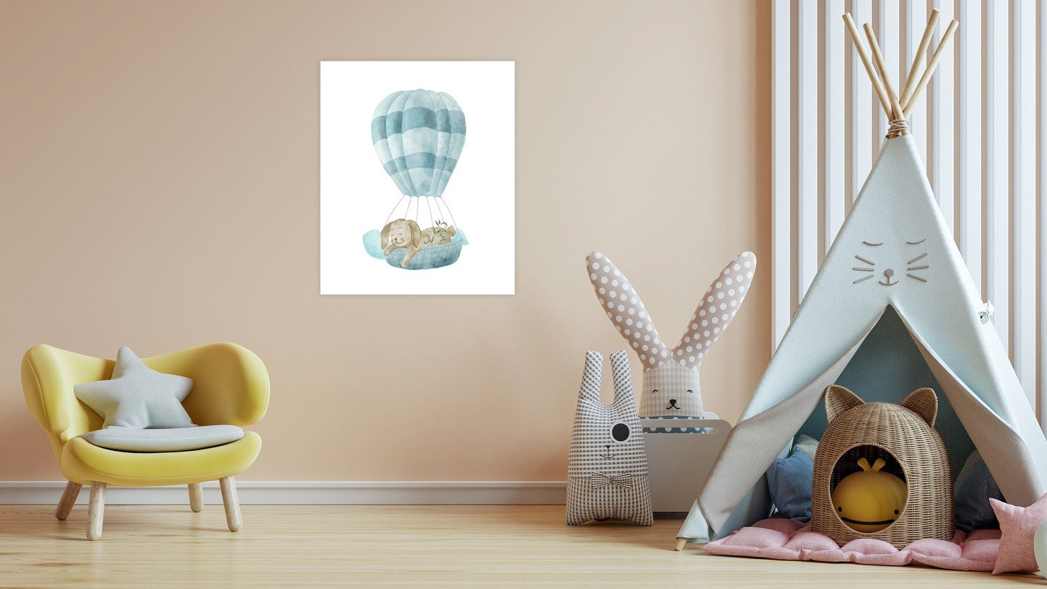 Lüttenhütt Bild mit Rahmen oder Плакат, Schlafender Hase in Heißluftballon, Ballonfahren, Fantasy, Hase, Hasen, Heißluftballon, Tiere (1 St), HD Premium Druck