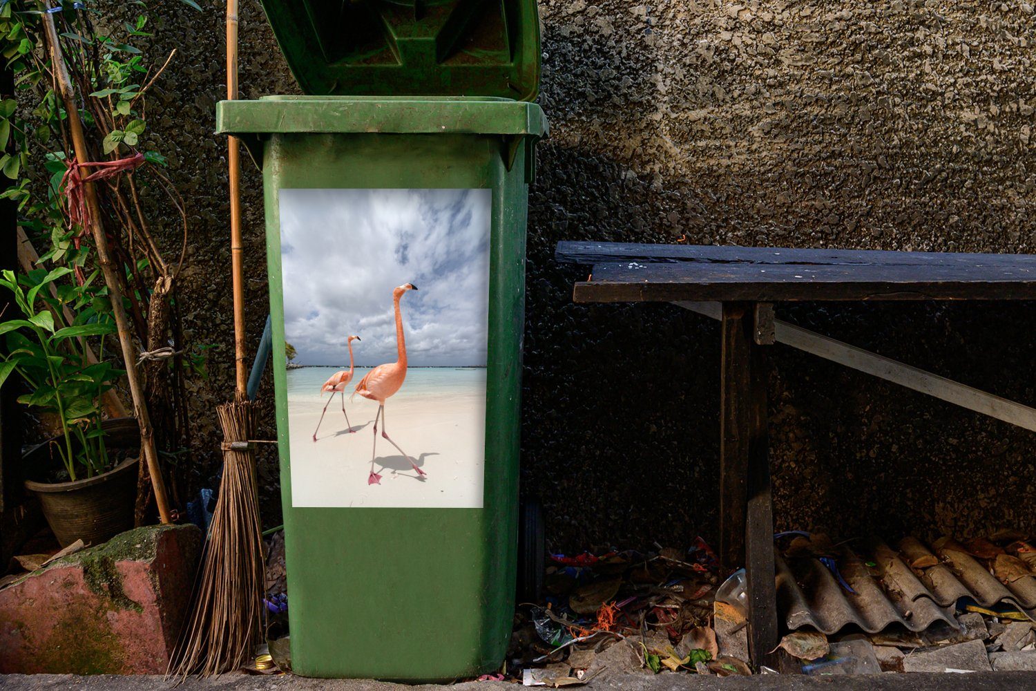 MuchoWow auf Aruba Sticker, Mülltonne, Wandsticker Container, Insel (1 Mülleimer-aufkleber, St), Abfalbehälter Flamingos Zwei in einer