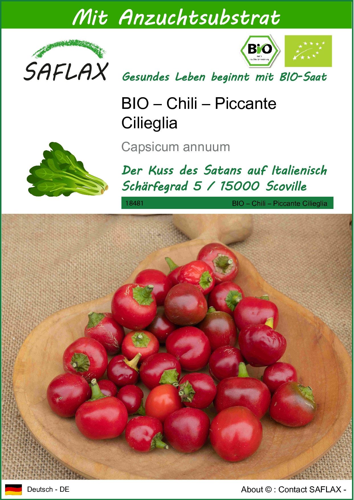 Gemüsesamen SAFLAX - Samen und Substrat - BIO – Chili – Piccante Cilieglia