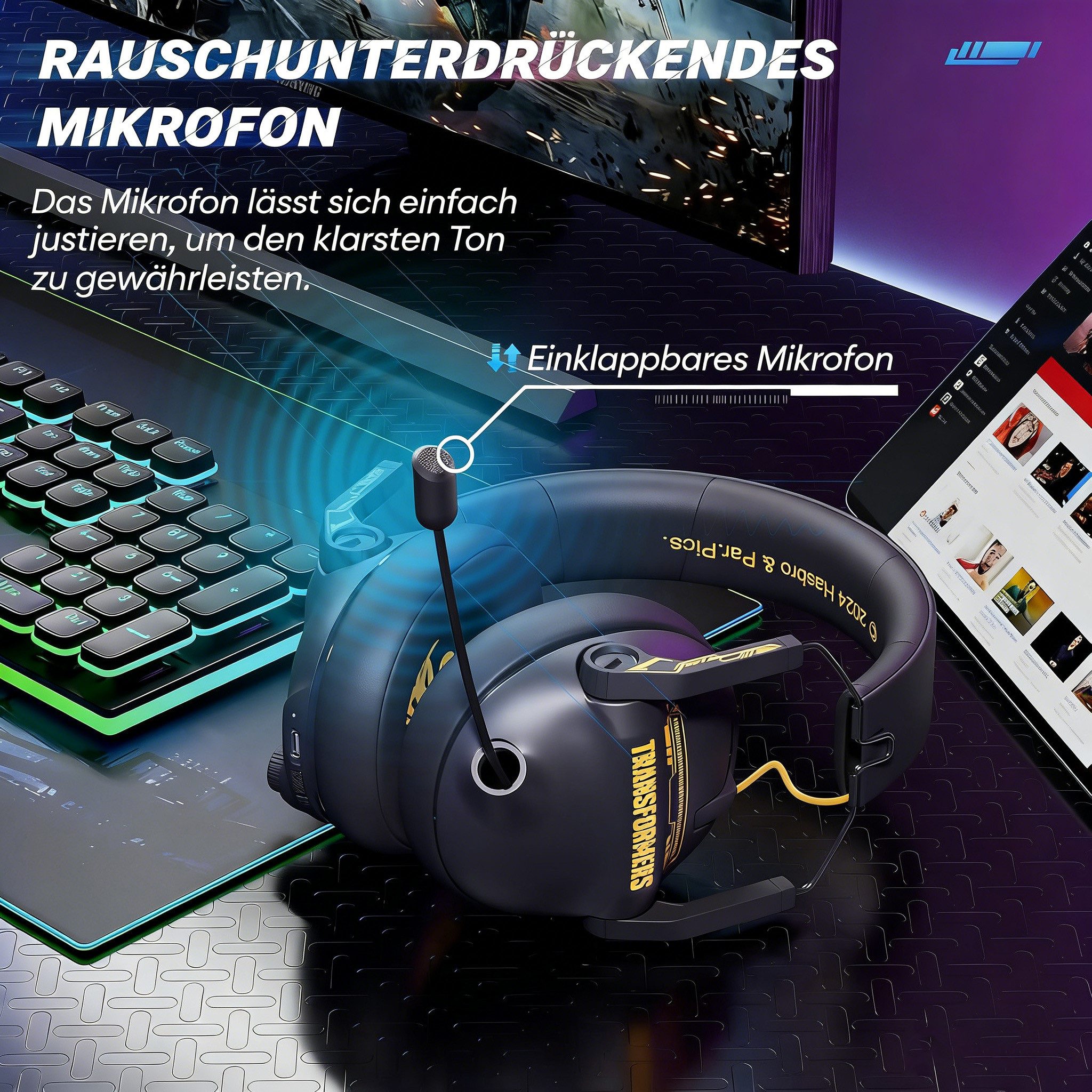 Rolipo Kabelloses Gaming-Headset mit Bluetooth,integrierte Mikrofone Over-Ear-Kopfhörer (Stereo-Raumklang, Bluetooth, für PC,PS4,PS5,Nintendo Switch/Switch 2 - Schwarz)