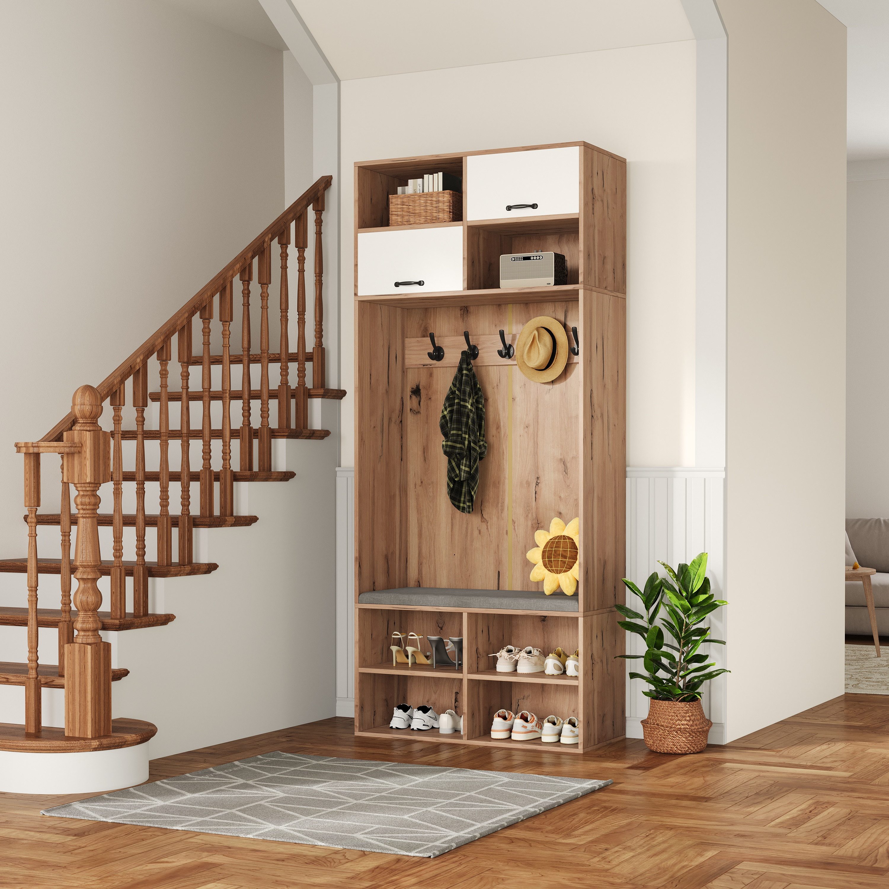Merax Garderobenschrank Garderobenset, 2-in-1 Garderobenständer (1-St., mit Schuhschrank,5 Haken, 2 Türen, 6 offenen Fächern) Flurmöbel, Flurgarderobe, 80×185×30 cm
