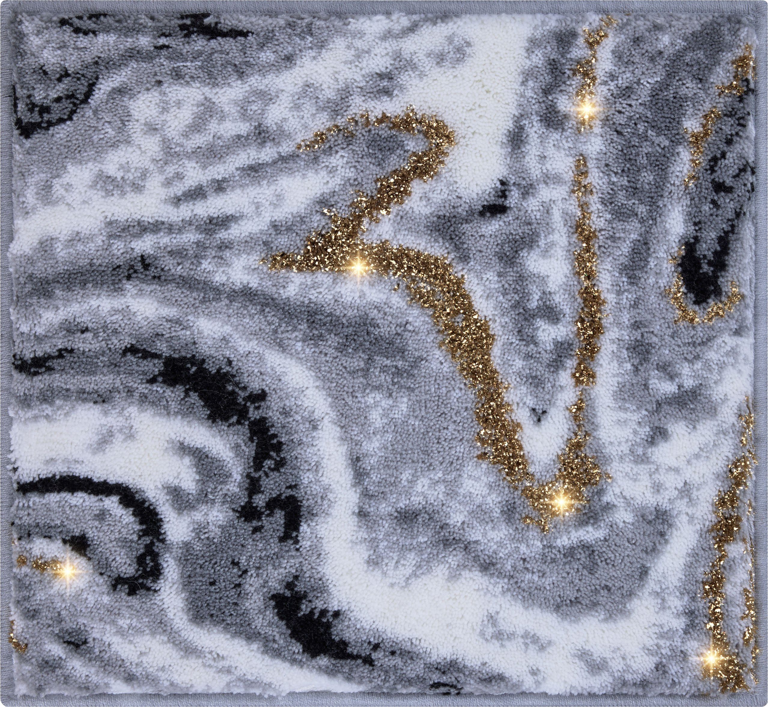 Badematte Gloria Leonique, Höhe 20 rutschhemmend Glitzer-Garn, grau/goldfarben beschichtet, im Polyacryl, durch goldfarbene Badematten Marmor-Design rechteckig, Akzente mm, fußbodenheizungsgeeignet