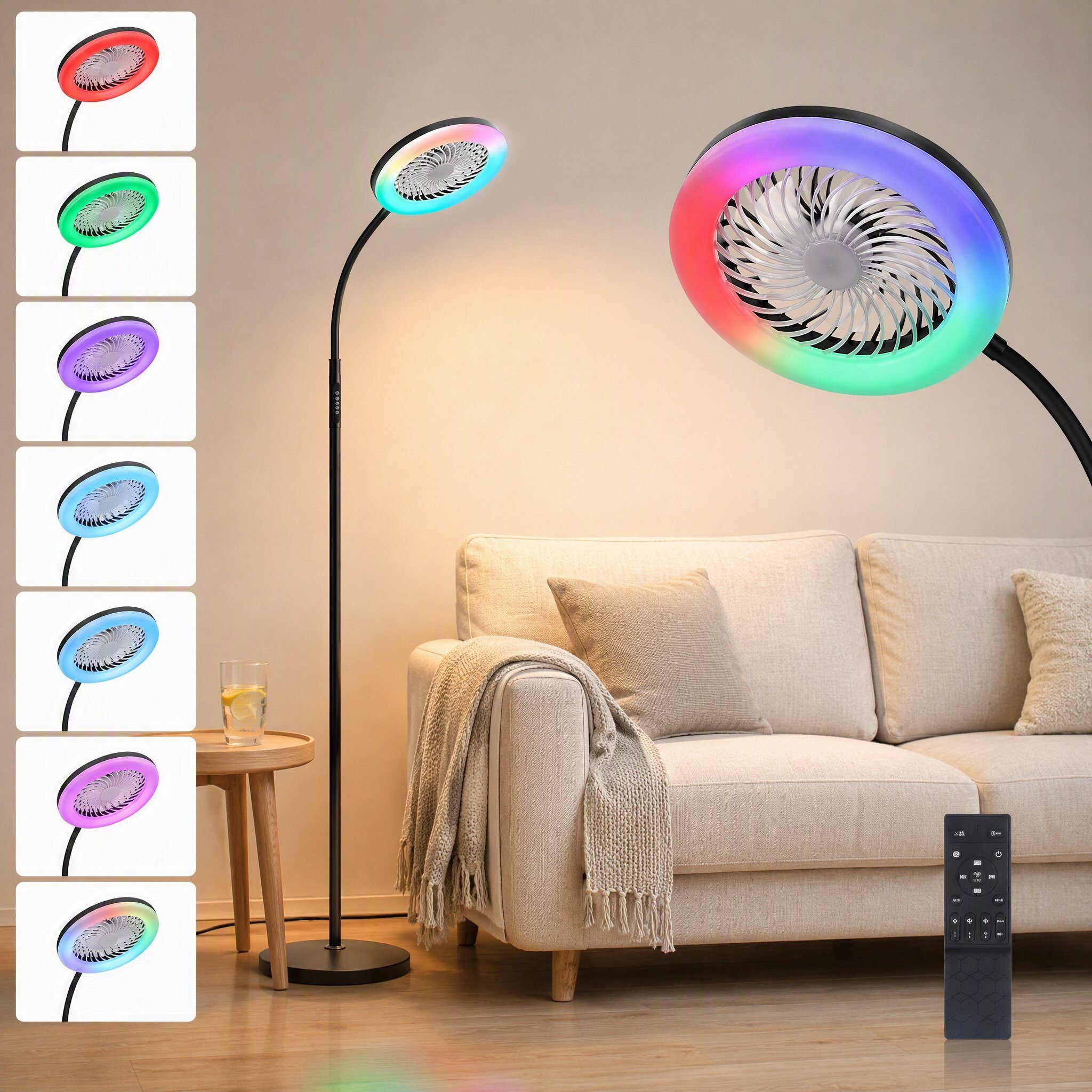 oyajia Standventilator Stehlampe mit Ventilator, 3 Windgeschwindigkeiten, RGB IC Farbwechsel, 2 in 1 RGB Stehlampe mit Ventilator, Fernbedienung, Flexibler