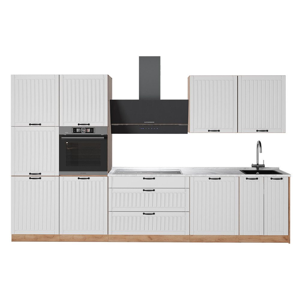 Vicco Küchenzeile Fame-Line, Weiß Landhaus/Goldkraft Eiche, 340 cm, AP Marmor