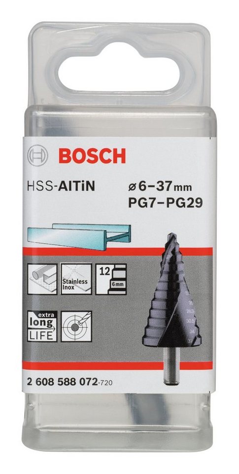 Thumbnail - BOSCH Metallbohrer, HSS-AlTiN für Kabelverschraubungen 12 Stufen - 6 - 37 x 93 x 10 mm