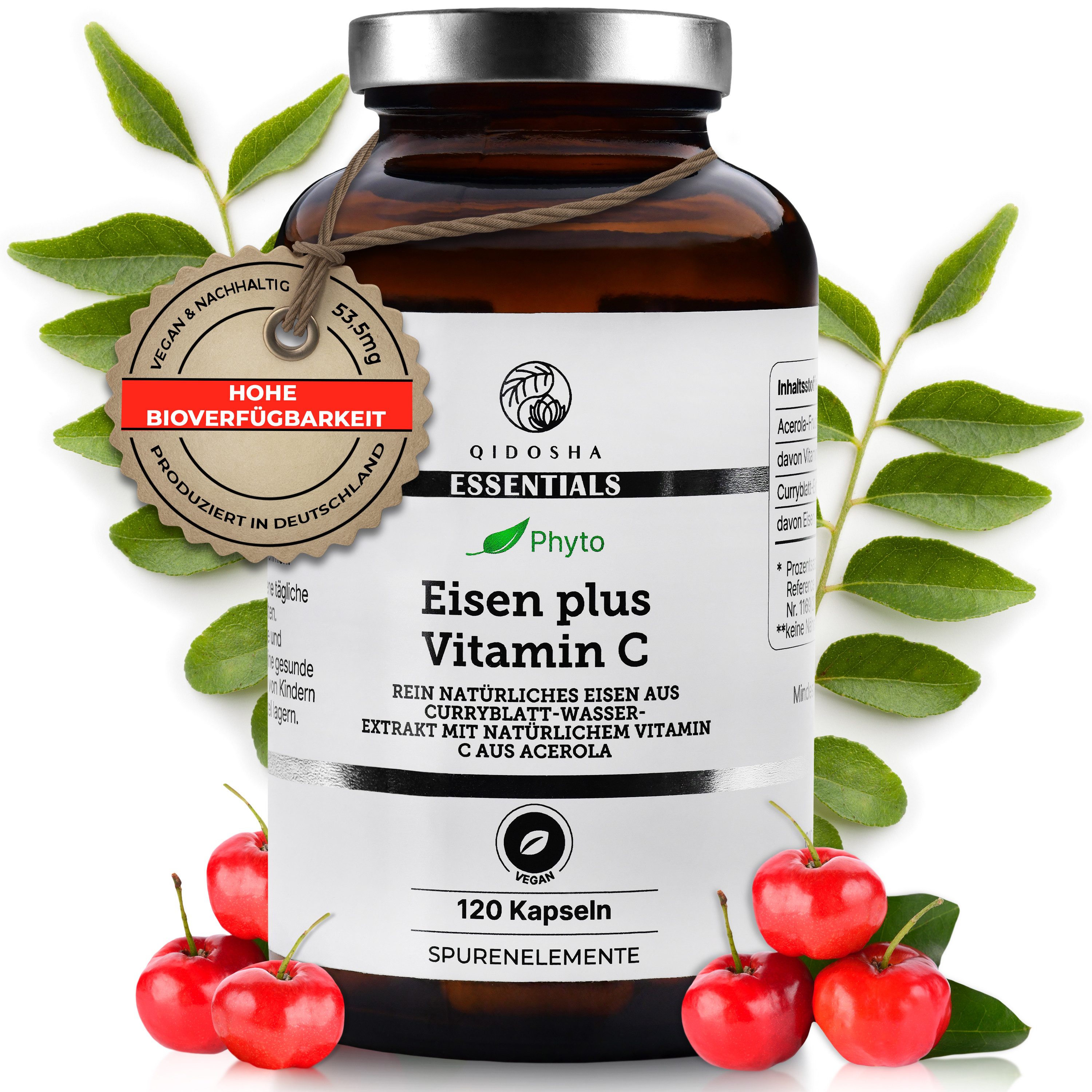 QIDOSHA Vegane Eisen Kapseln mit Acerola - Hochdosiert 120 Stück Hartkapsel, 1 er Premium Ayurveda Gehirn Fokus Komplex mit Bacopa Extrakt Vegan à 120 St., 89.7 g, Pflanzliches Eisen aus Curryblatt für Energie & Immunsystem
