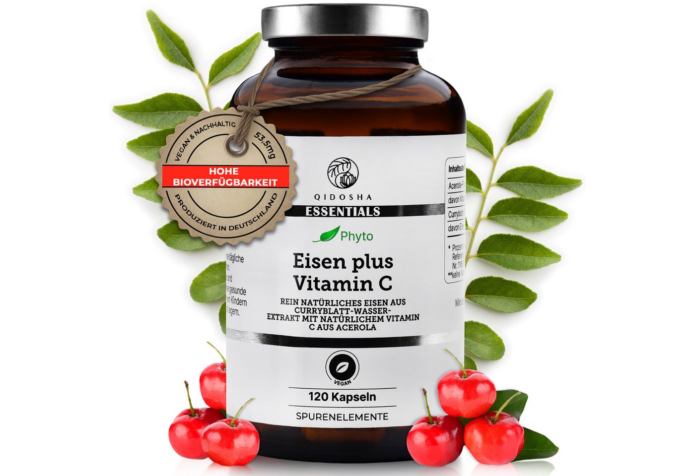 QIDOSHA Vegane Eisen Kapseln mit Acerola Hartkapsel, 1 er 120 St., 89.7 g, Mit Curryblatt-Eisen und Acerola