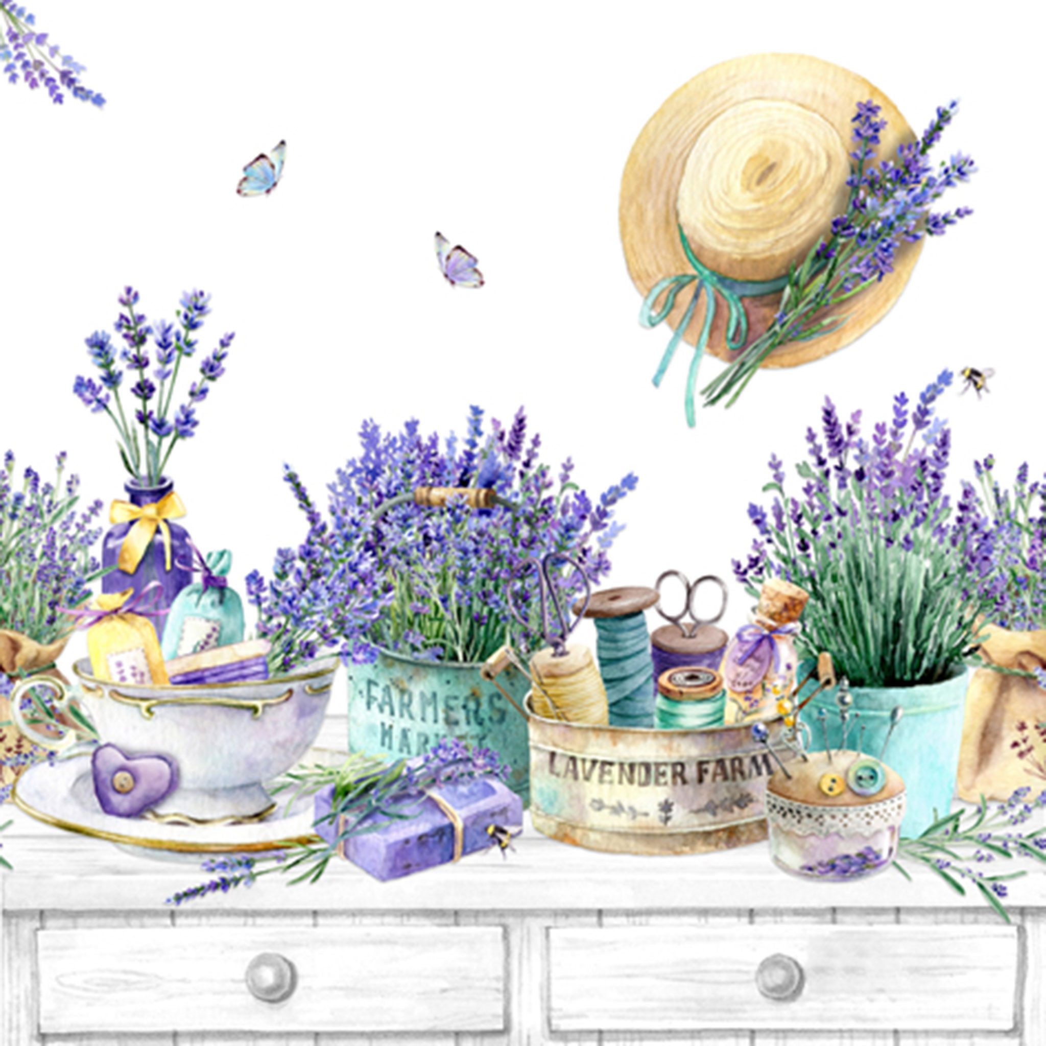 ti-flair Papierserviette, Servietten Papier 33x33cm 3-lagig Vintage Lavendel Motiv 20 Stück