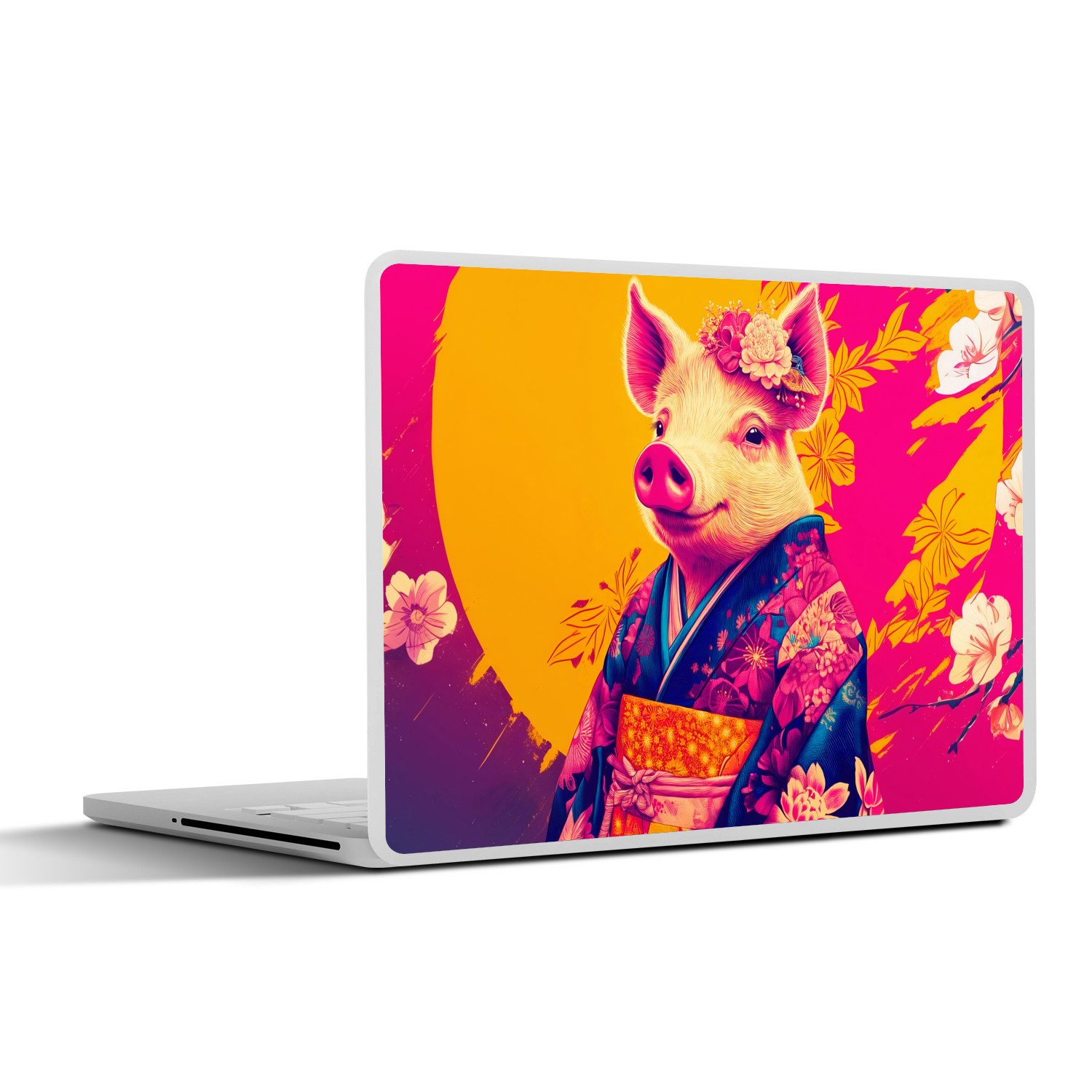 MuchoWow Laptop-Aufkleber Schwein - Blumenkrone - Kimono - Abstrakt, (1tlg), Laptop Folien Cover, Aufkleber, Sticker, Schutz vor Kratzern, 30x21 cm