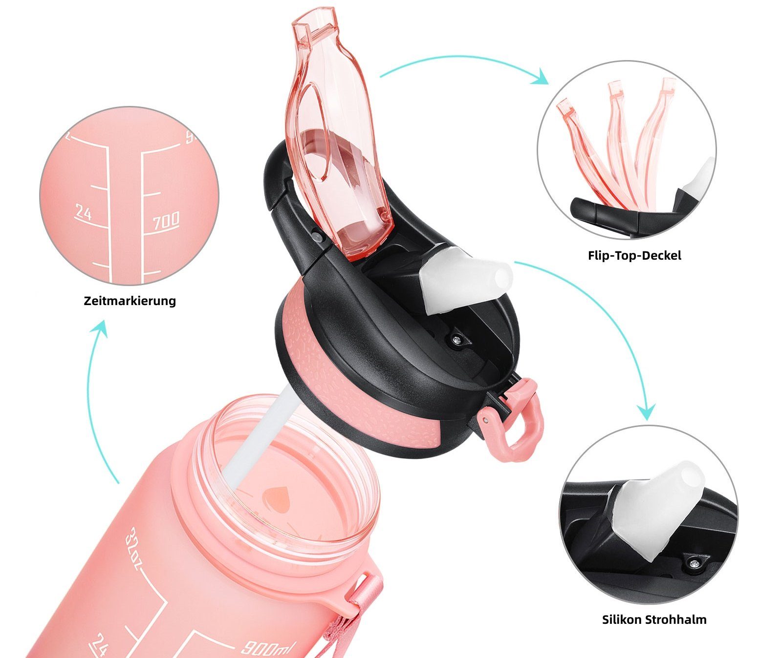 Sportflasche WISHDOR 1 BPA-Frei Auslaufsicher Outdoor und Fitness Zeitmarkierung Camping Fahrrad Wasserflasche Trinkflasche Pink Wandern Sport Liter Strohhalm 1L,