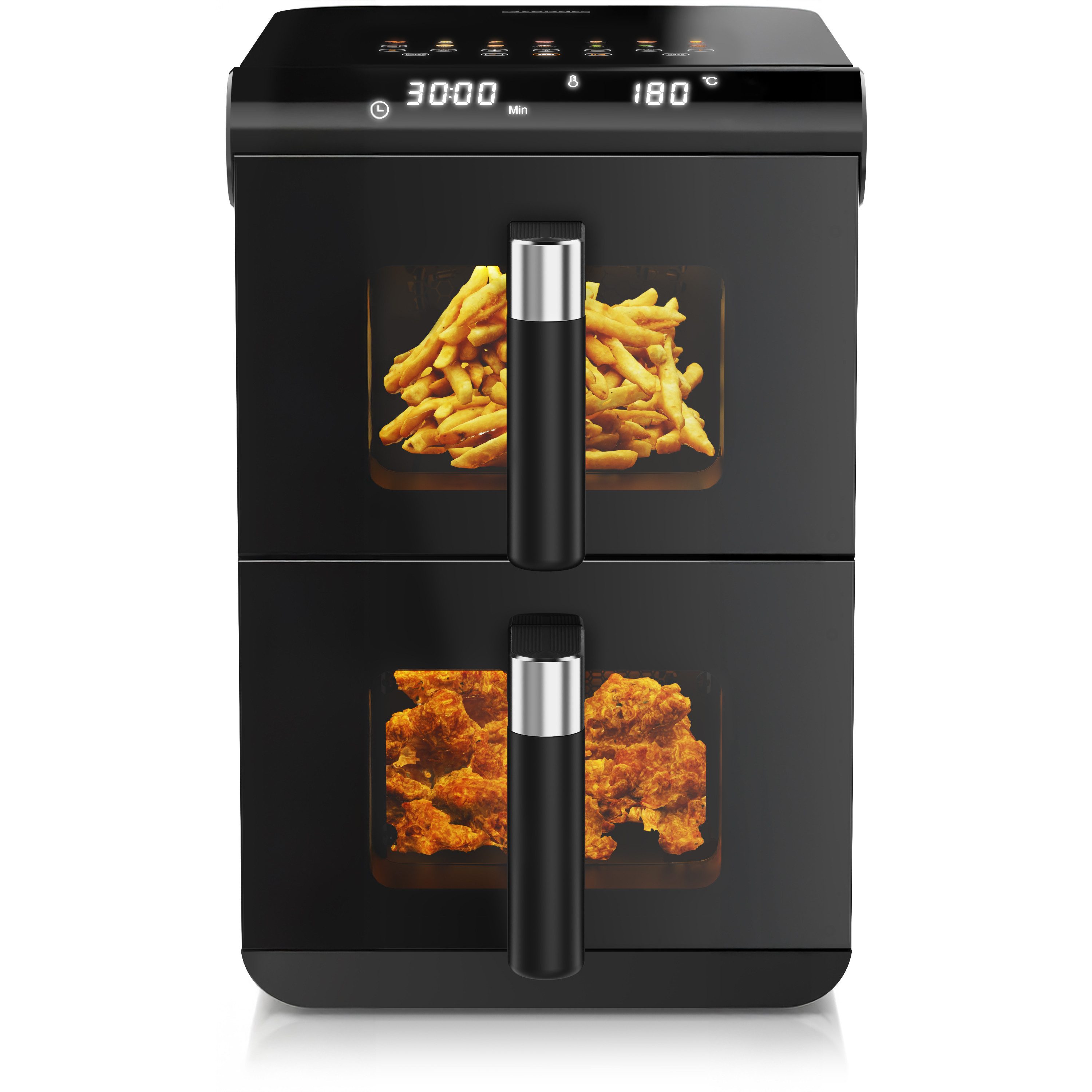 Arendo Heißluftfritteuse mit 2 Kammern Übereinander, XXL Dual Zone Airfryer 11L, Doppelkammer, 2800 W, mit Zubehör, Umluft Backofen, Sichtfenster, fettarmes gesundes Kochen