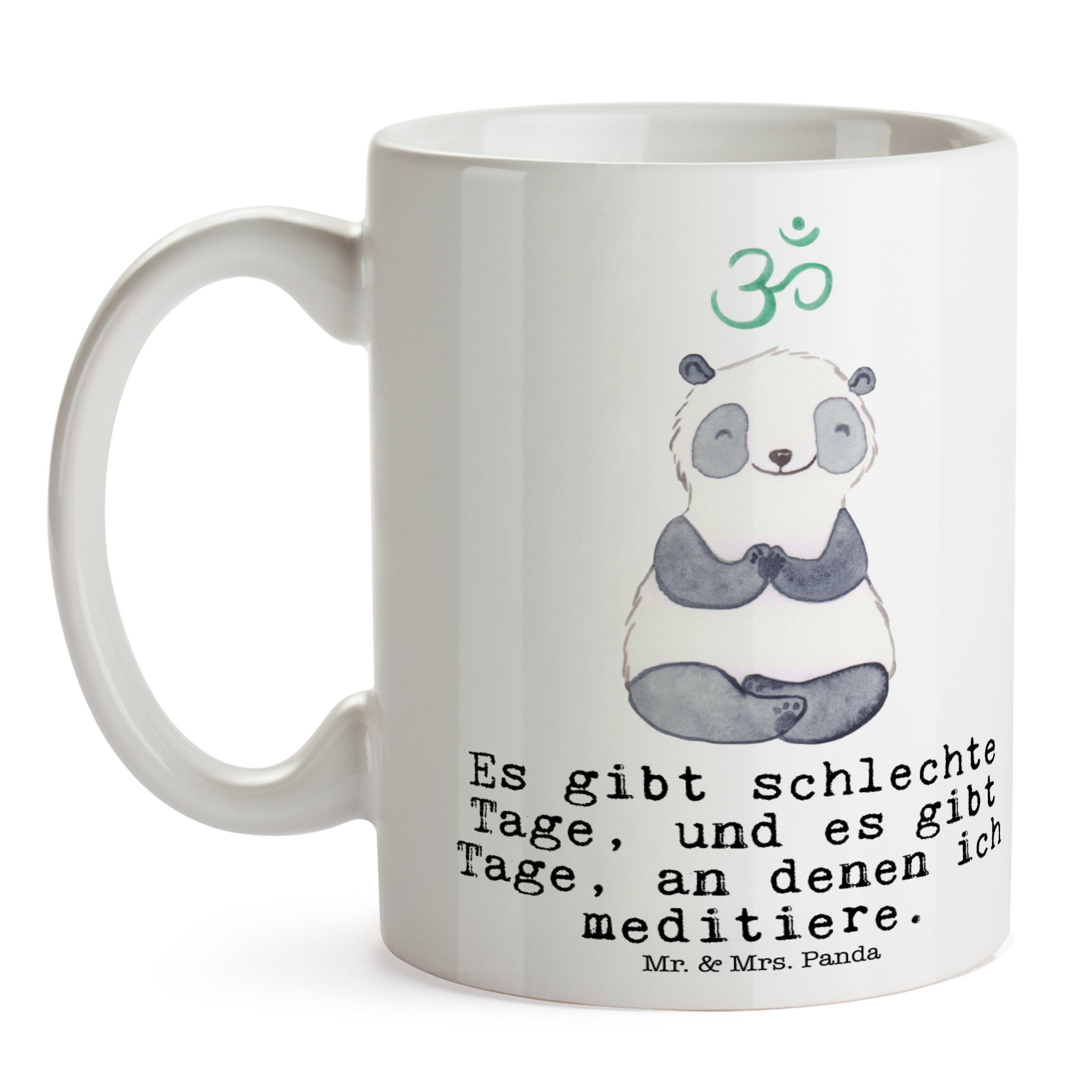 Kaffeebecher, Meditieren - - Dank, Tage & Panda Geschenk, Tasse Mrs. Keramik Mr. Panda Weiß Teetasse,