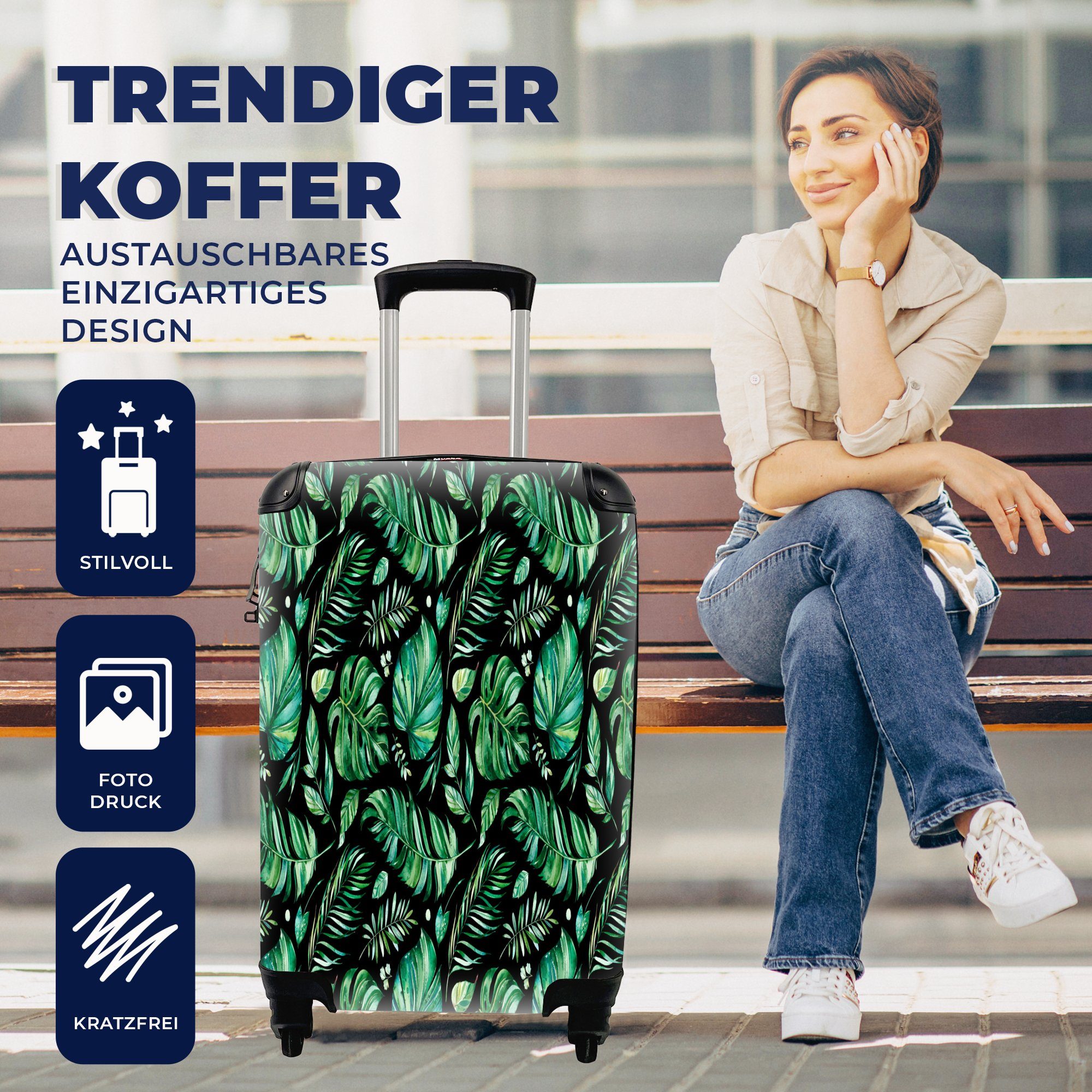 für Rollen, Reisetasche 4 Pflanzen, Handgepäckkoffer mit Handgepäck - - Reisekoffer Trolley, Ferien, Blätter MuchoWow Vintage rollen,