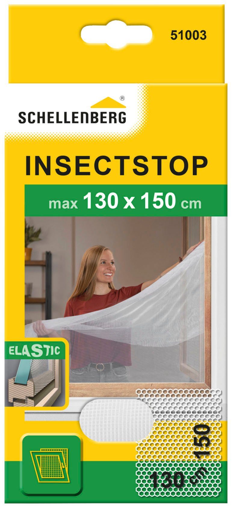 SCHELLENBERG Fliegengitter-Gewebe Elastic 51003, elastischer Insektenschutz  für Fenster, 130x150 cm, weiß