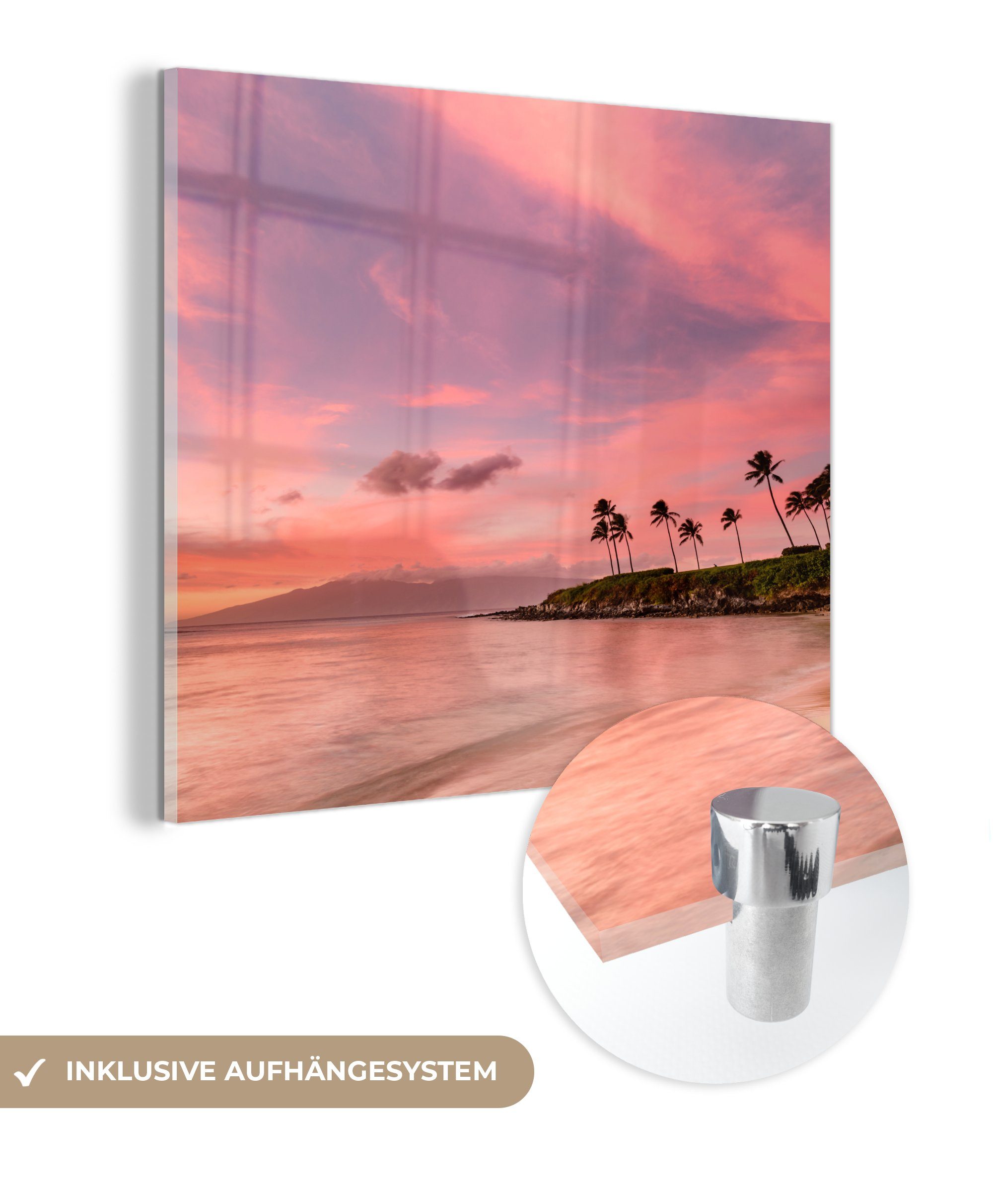 MuchoWow Acrylglasbild Strand - Palme - Rosa, (1 St), Glasbilder - Bilder auf Glas Wandbild - Foto auf Glas - Wanddekoration