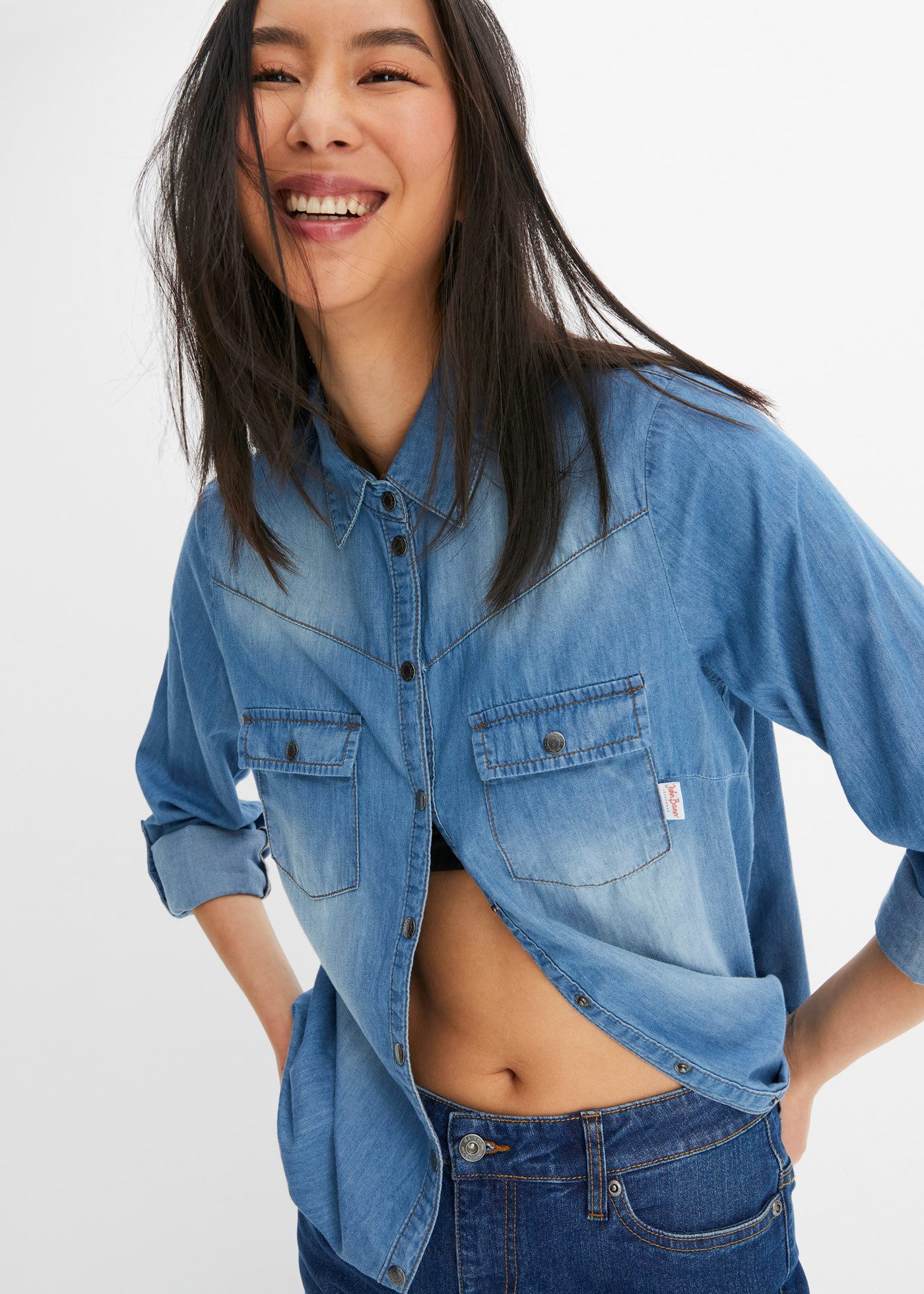 bonprix Jeansbluse mit Druckknöpfen und zwei Brusttaschen, schmal geschnitt günstig online kaufen