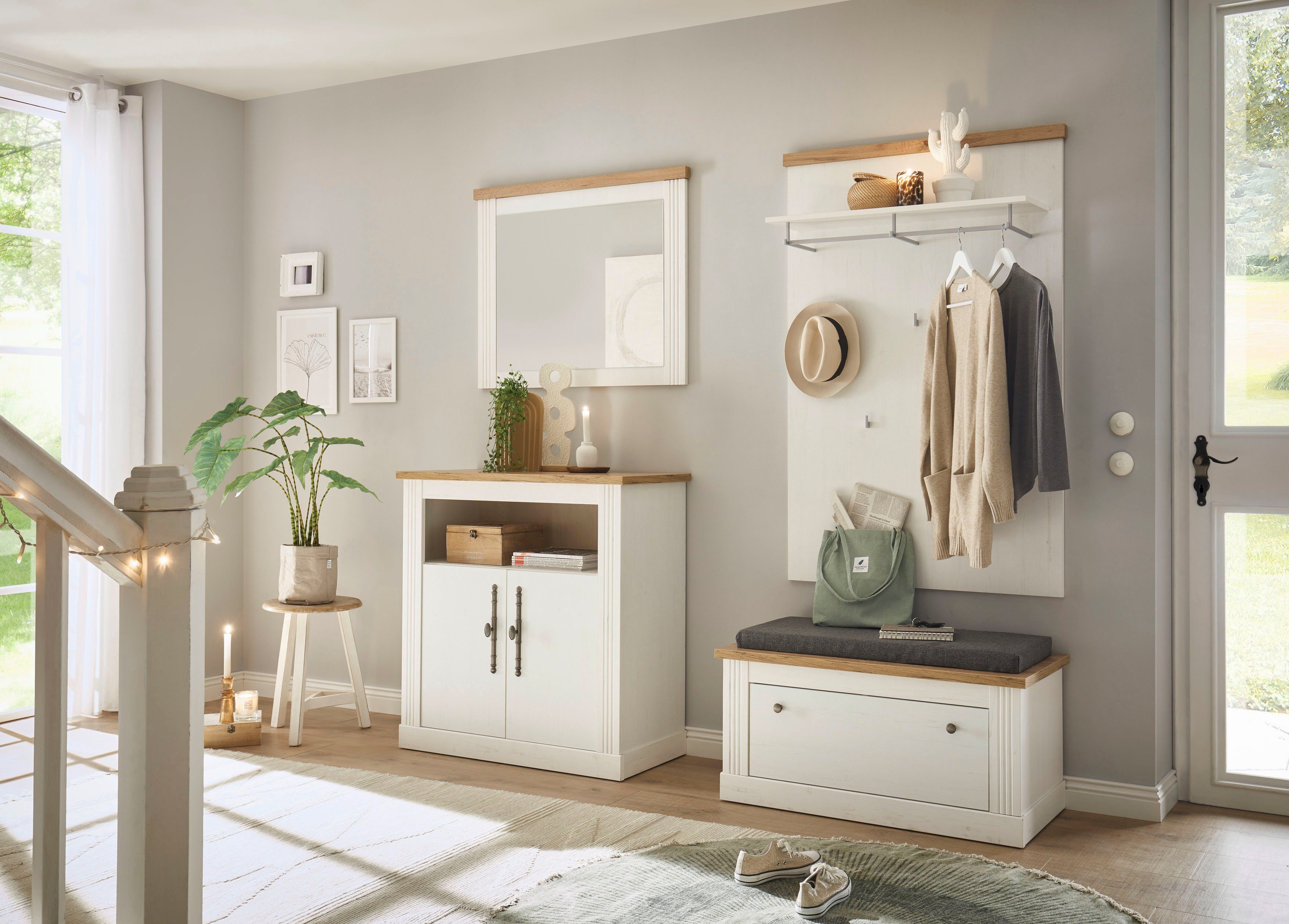 OTTO home Garderoben-Set WESTMINSTER, (4-St., Schuhbank, Spiegel, Kommode, Wandpaneel), im romantischen Landhausstil