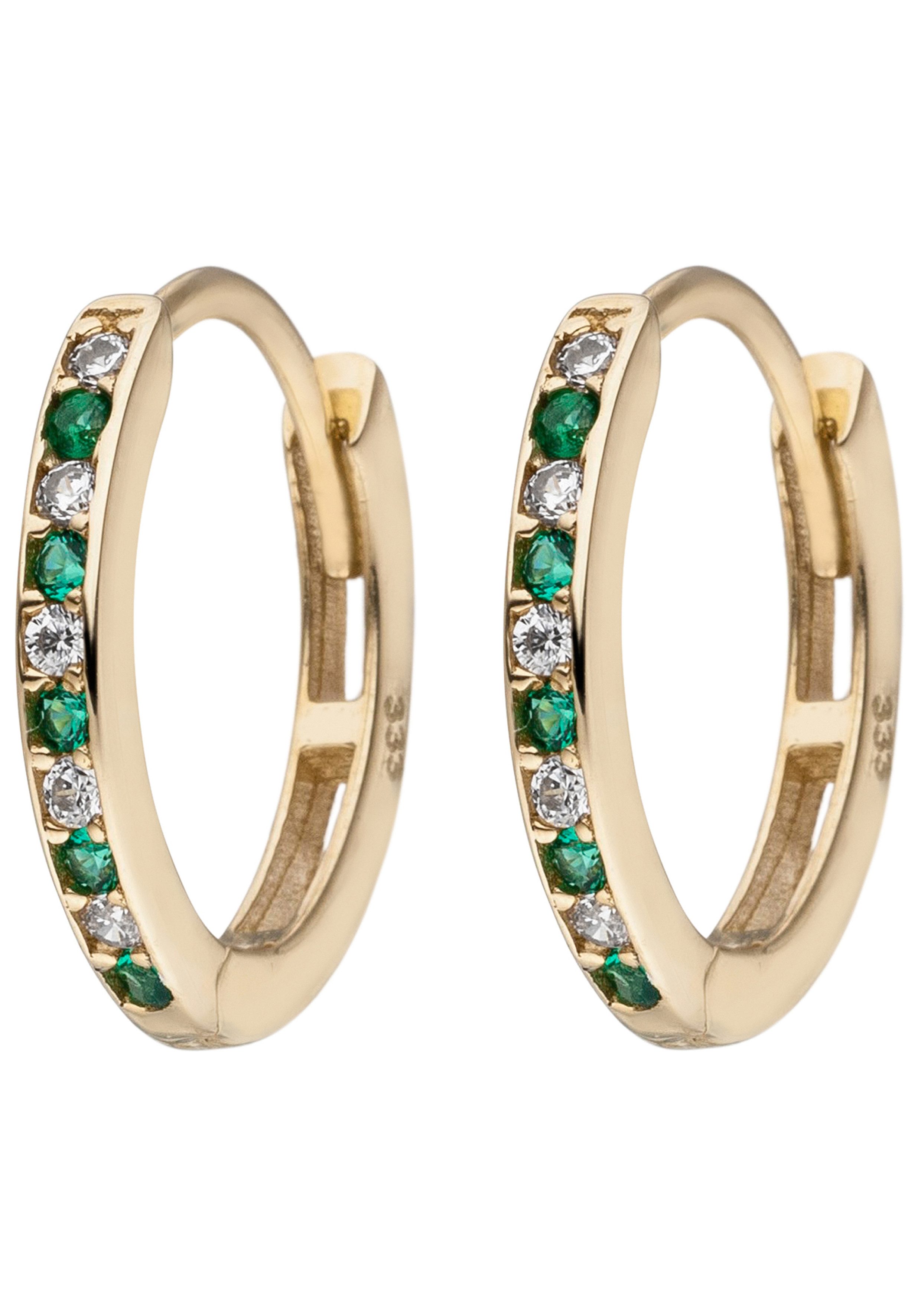 JOBO Paar Creolen, 333 Gold mit 20 Zirkonia grün weiß