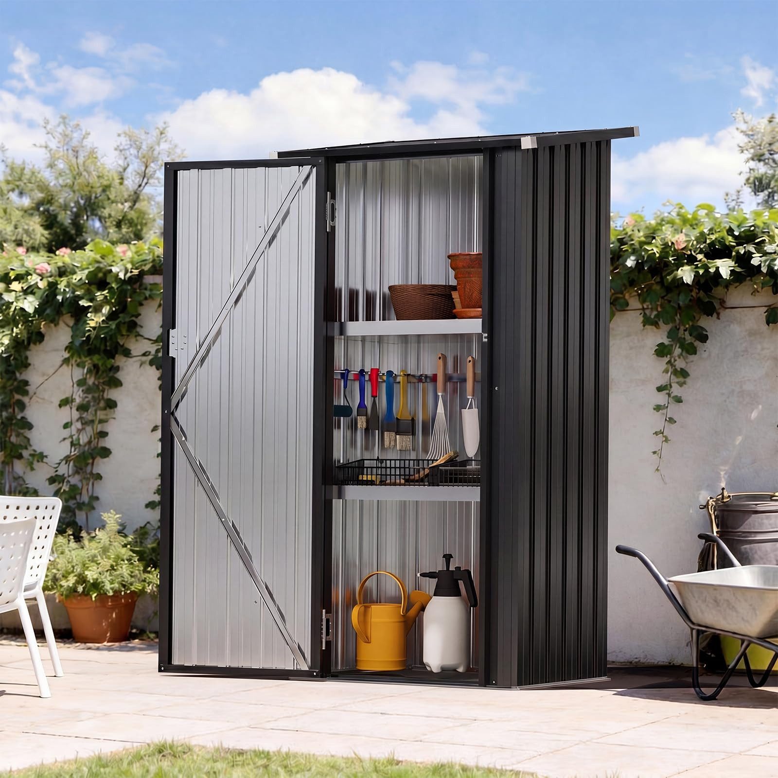 AOXUN Garten-Geräteschrank mit 2 höhenverstellbaren Einlegeböden und abschließbarer Tür, BxT: 88x61 cm, (1 St), Außen-Gartenschrank aus Metall, Schwarz, 88 x 61x 164 cm