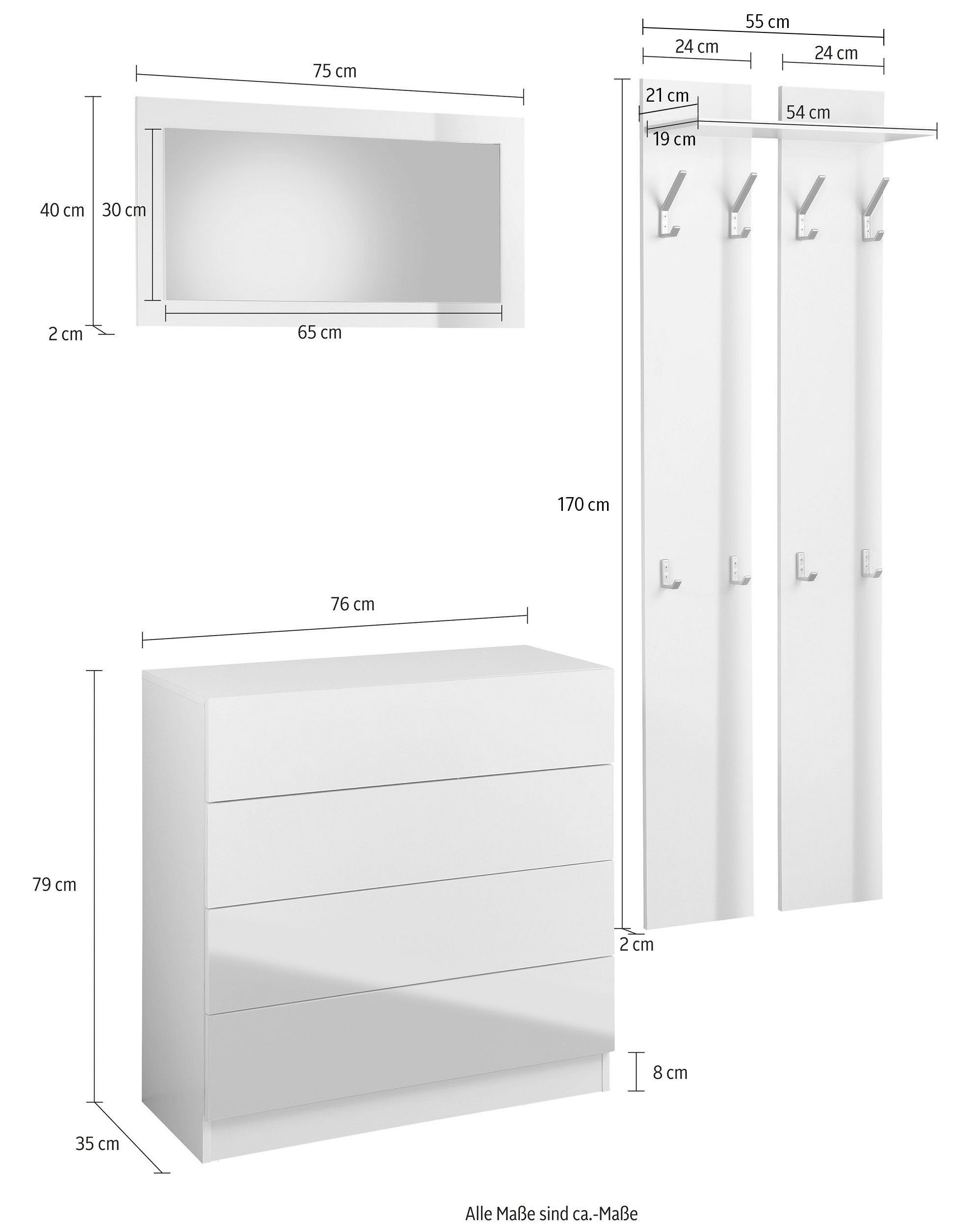 Push Garderoben-Set matt/schwarz 3, to borchardt Vaasa 3-St), Hochglanz mit (Set, Open-Funktion Möbel weiß
