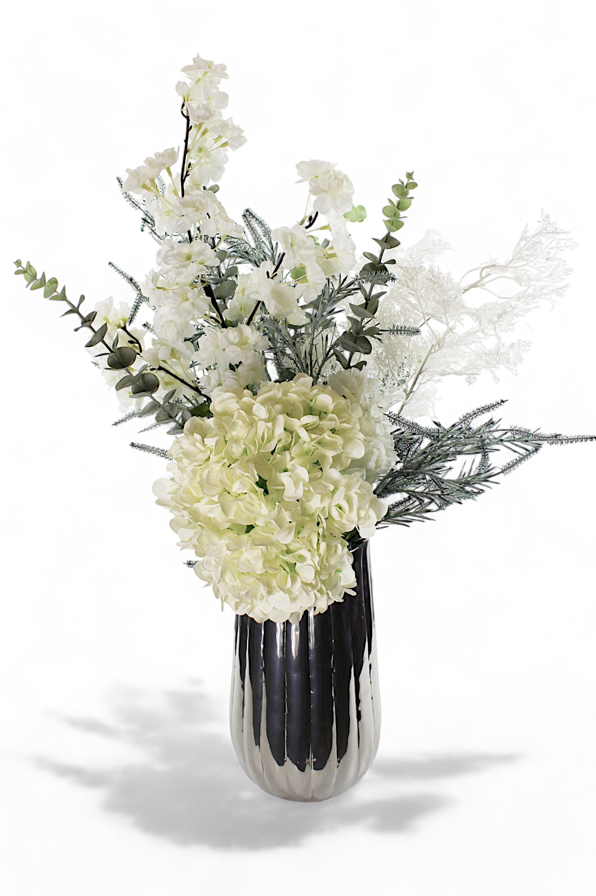 Kunstblumenstrauß weißes Blumen-Bouquet mit Metall Vase Kunststrauß Kunstpflanze