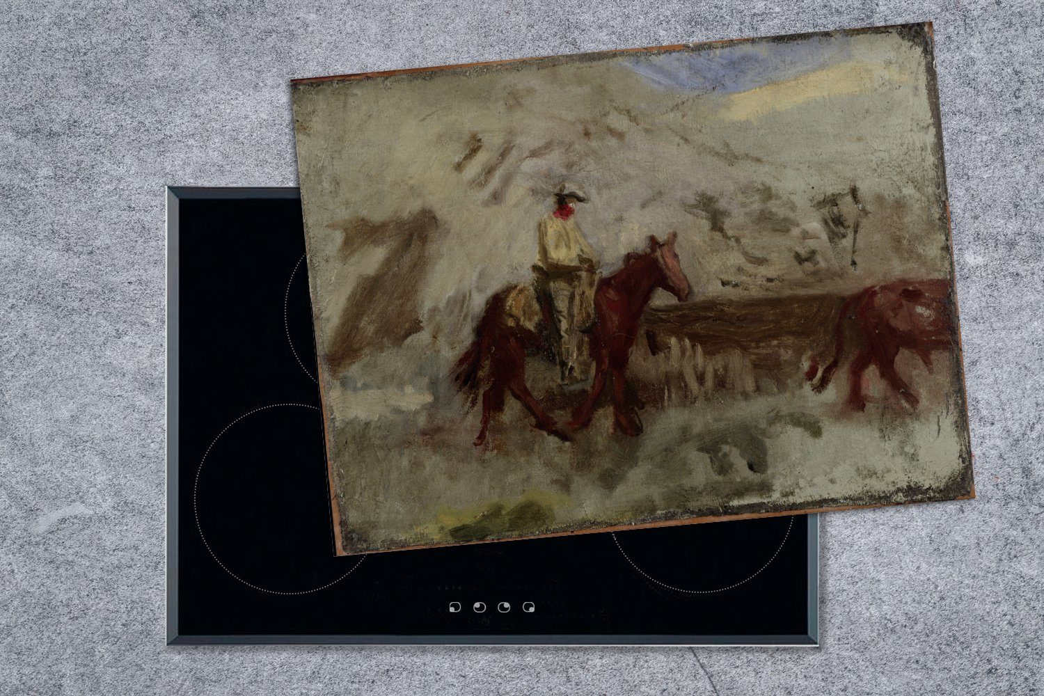 Mobile ein Arbeitsfläche nutzbar, Cowboys tlg), Wildnis von Herdblende-/Abdeckplatte Gemälde Eakins, - (1 Thomas 70x52 Ceranfeldabdeckung cm, in der Vinyl, MuchoWow