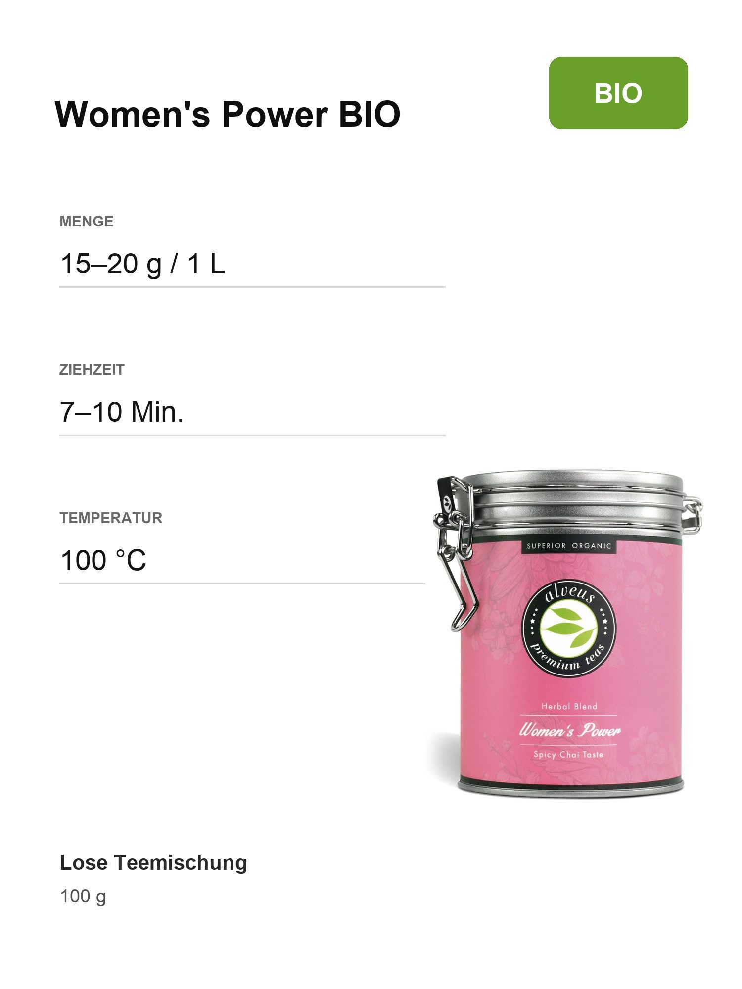 Alveus Tee Tee Alveus Women's Power BIO Kräuter-Früchtetee Ingwer-Zimt 100g Dose, 1 x 100,00 g, Bio; Lose Premium-Teemischung; natürlich aromatisiert; Geschmack: Ingw