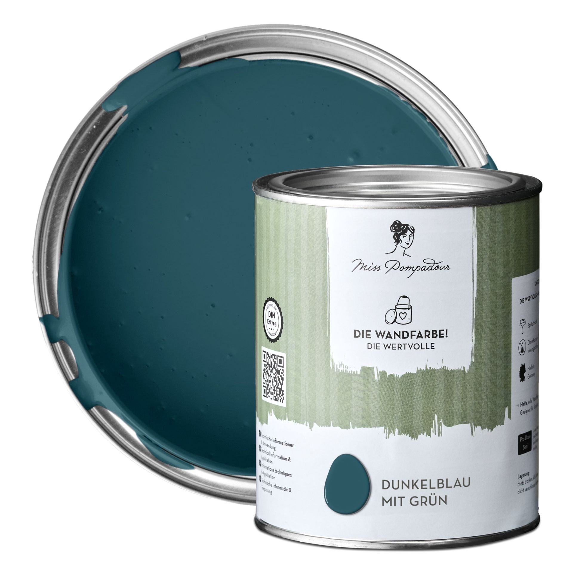 MissPompadour Wandfarbe Dunkelblau mit Grün - matte Wandfarbe mit sehr hoher Deckkraft 1 L, geruchsneutrale und spritzfreie Innenfarbe, wasserbasiert