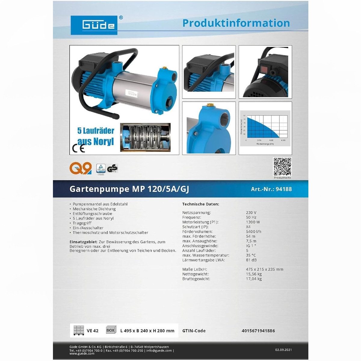 Güde Akku-Gartenpumpe Güde Gartenpumpe MP 120/5A/GJ Wasserpumpe Jetpumpe, 5400 l/h, 1300 W