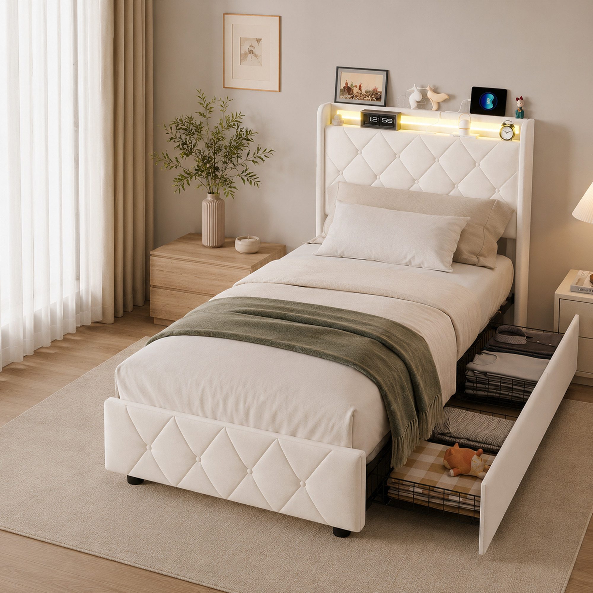 Simurq Einzelbett Polsterbett 90x200, Stauraumbett, Jugendbett, Samtbett (Lattenrost), Einzelbett 90x200 mit 2 Rollschubladen, LED-Beleuchtung, Ladestation