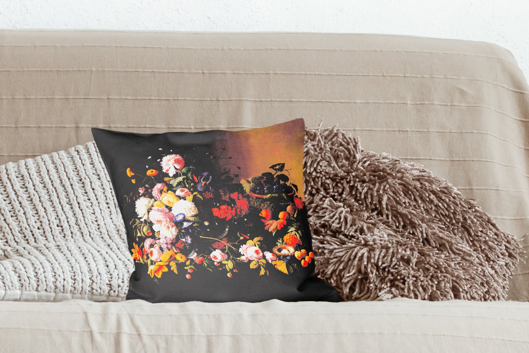 Zierkissen Stilleben Schlafzimmer, Früchten Deko, Blumen Dekokissen - mit MuchoWow Alte Wohzimmer, für - Meister, Kunstwerk Sofakissen mit Füllung und