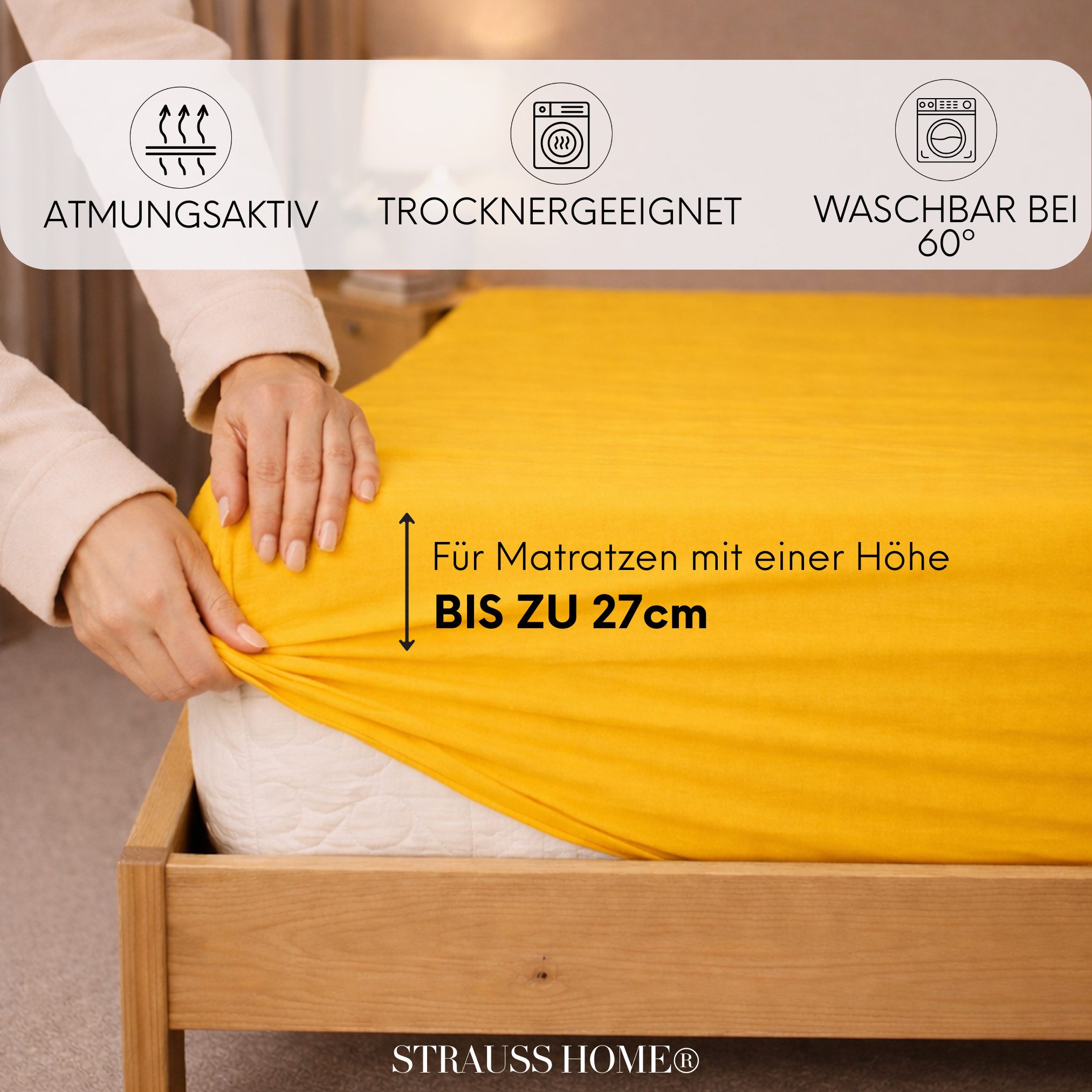 Strauss Home Spannbettlaken Premium 160 g/m² Gekämmte Baumwolle Jersey in Hotelqualität, Gummizug: Rundumgummi, OEKO-TEX®-zertifiziert - Hotelqualität – Formstabil & Langlebig