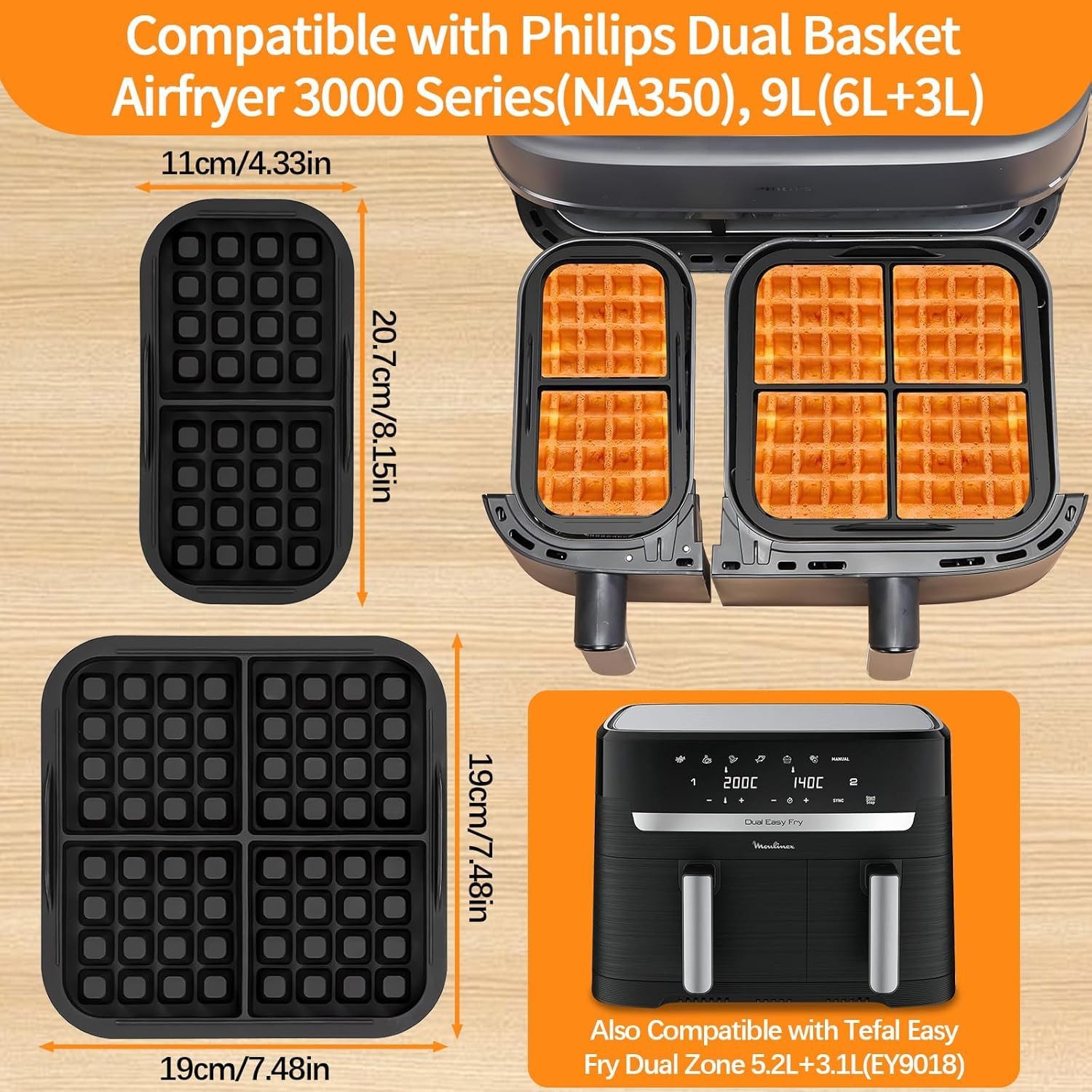 SURFOU Backform Waffelformen Waffel-Einsätze für Airfryer Philips N350 & Tefal EY9018, (Hitzebeständige Waffelformen (bis 230 °C) aus geschmacksneutralem, BPA-freiem Silikon – passend für Philips NA350 und Tefal EY9018, mit Antihaft-Beschichtung, spülmaschinenfest und platzsparend stapelbar 2-tlg), Hitzebeständig im Bereich von -40 °C bis +230 °C