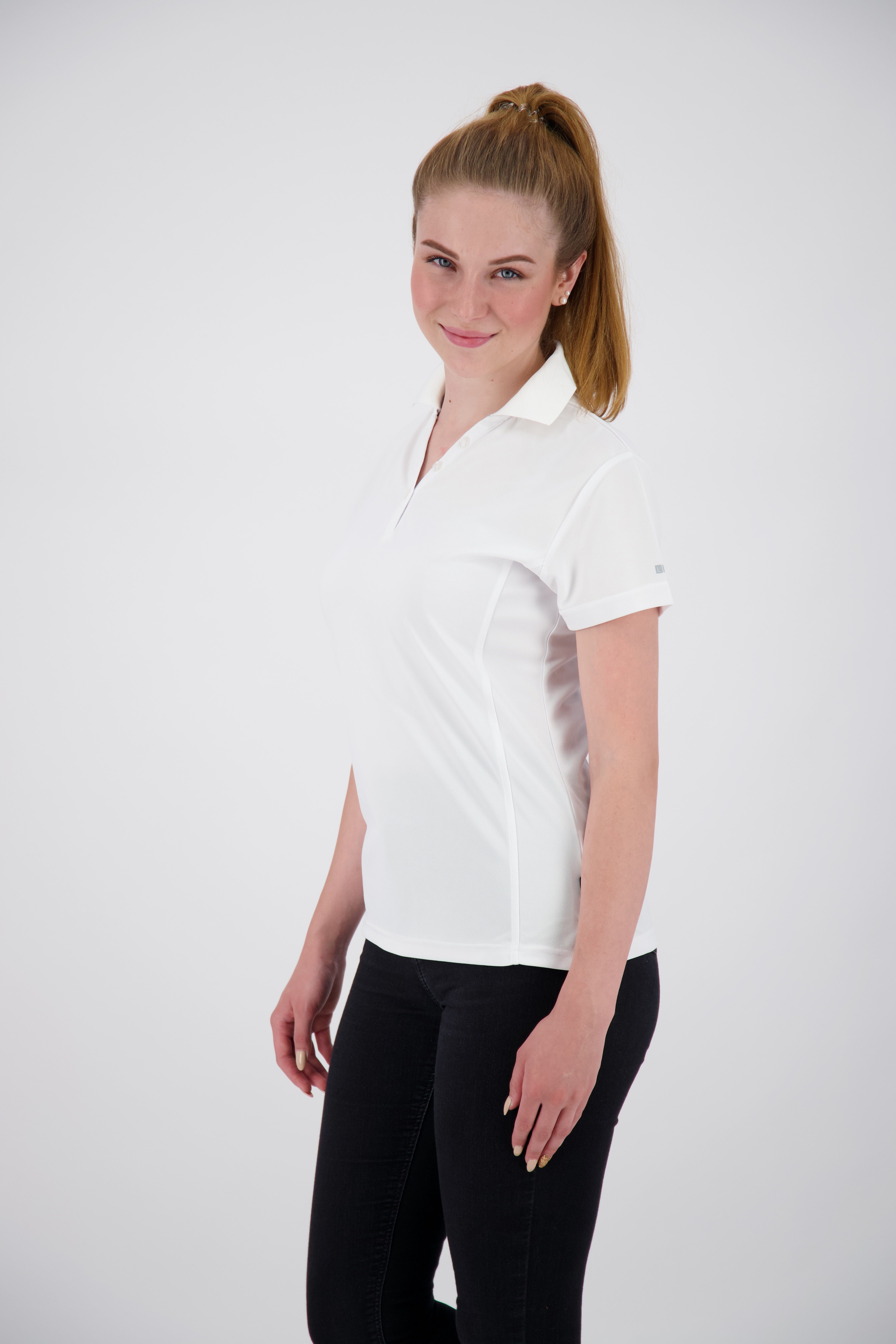 100% Recycling aus Active Kunstfaser HEDLEY WOMEN NEW Poloshirt white DEPROC 3F-Funktions-Piqué II