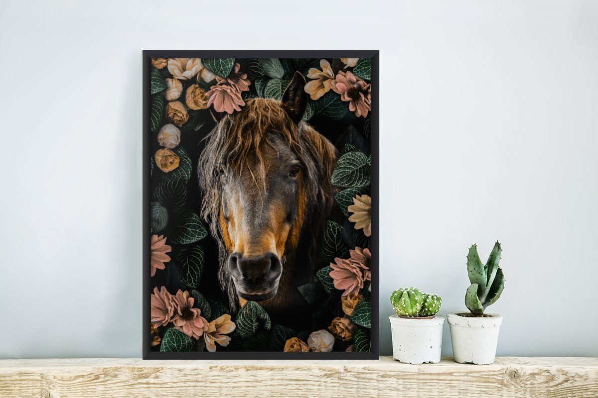 MuchoWow Poster Pferd - Blumen - Wanddeko, Poster, St), Bilder, Bilderrahmen Schwarzem Gerahmtes Blätter, (1 Wandposter