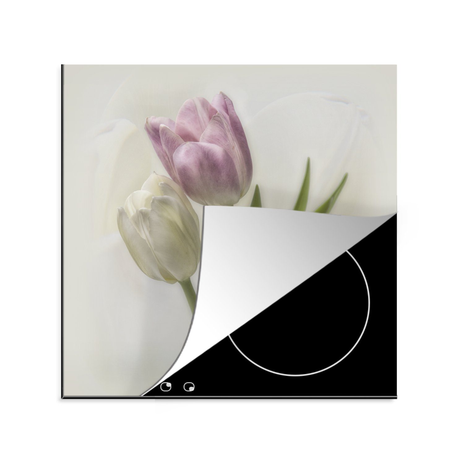 weiße für weißem Arbeitsplatte Tulpen MuchoWow Rosa Herdblende-/Abdeckplatte tlg), 78x78 küche cm, Ceranfeldabdeckung, auf Vinyl, Hintergrund, (1 und