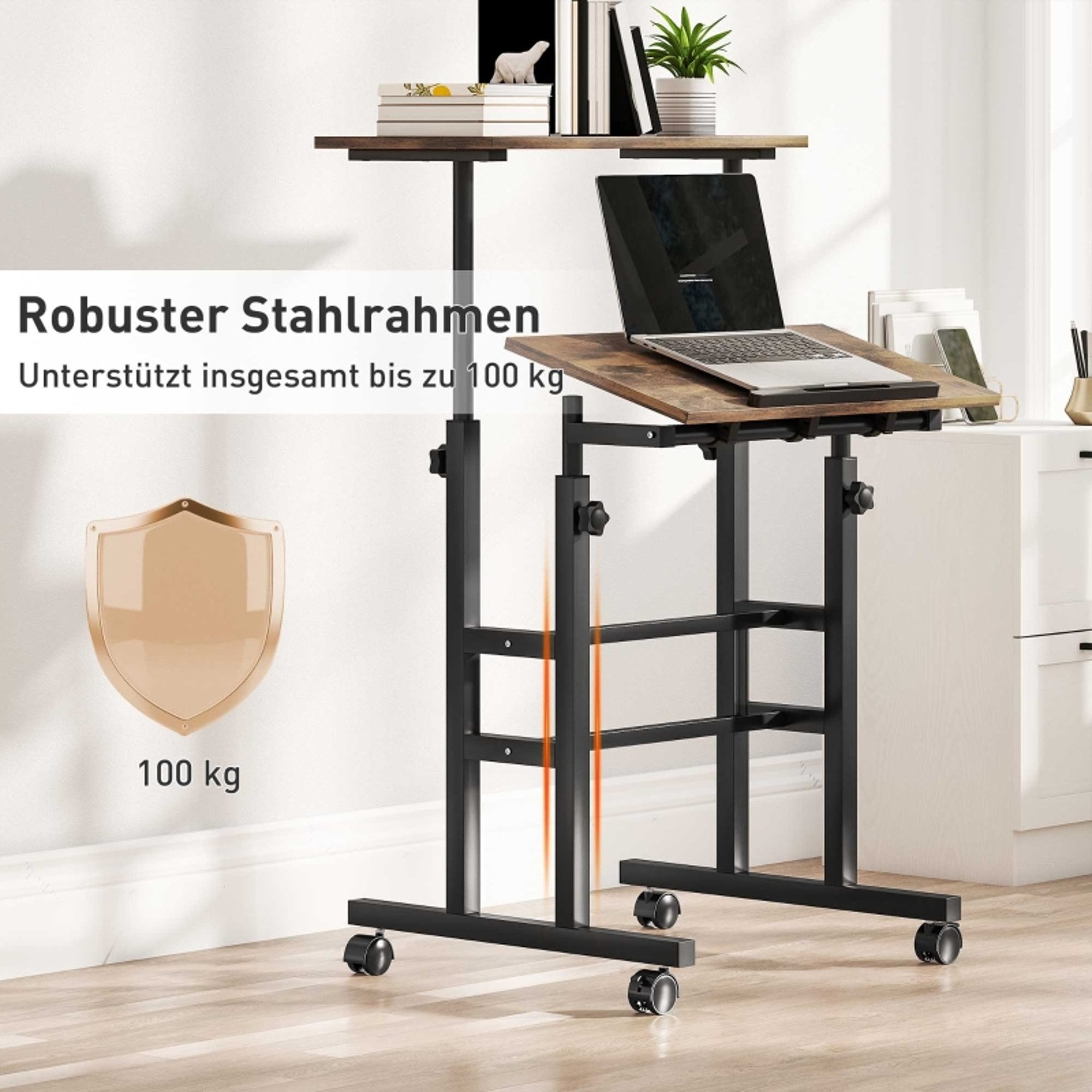 MC Star Schreibtisch chreibtisch Höhenverstellbar Küchentisch mit Regal, Rollen (Computertisch Rustikal Braun 60 x 60 x 70,5-120 cm)