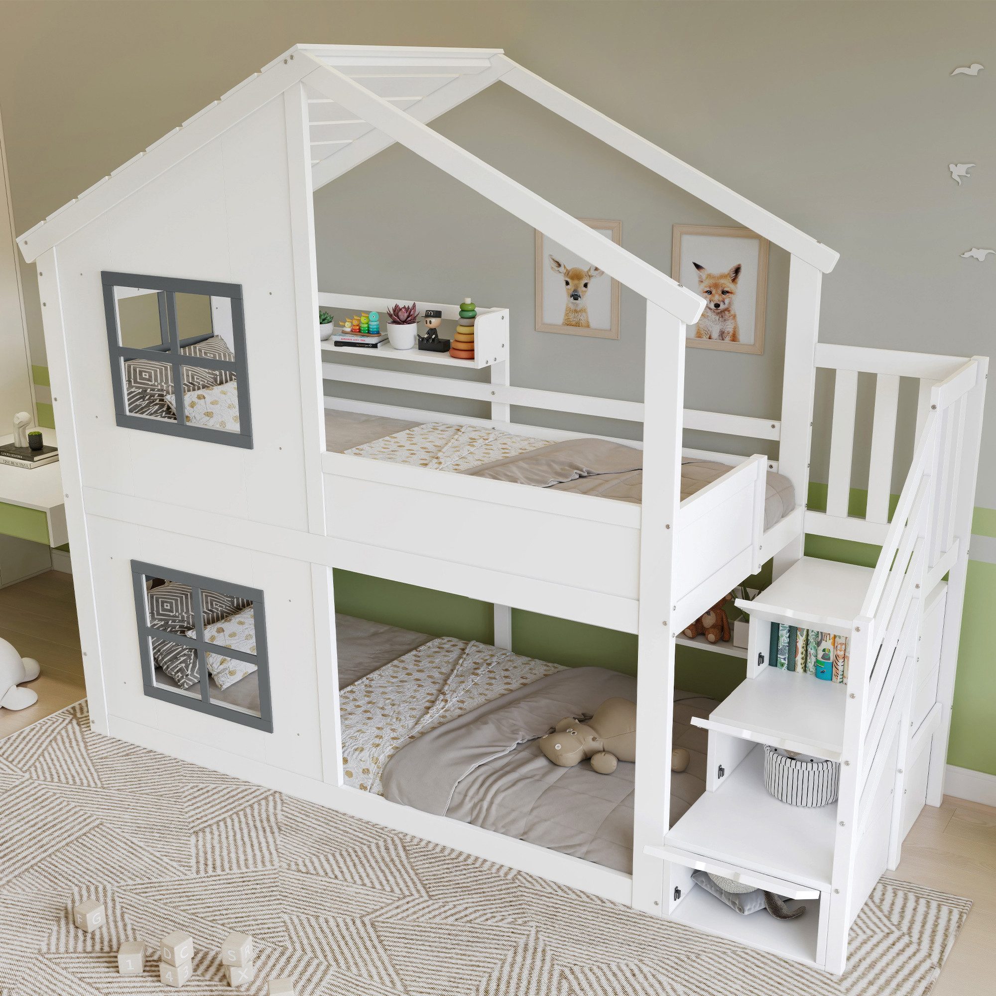 REDOM Etagenbett Dreistufiger Treppenaufbewahrungsschrank, mit schönem Fenster & Dach (Kinderbett Holzbett, 90x200 cm), ohne Matratze