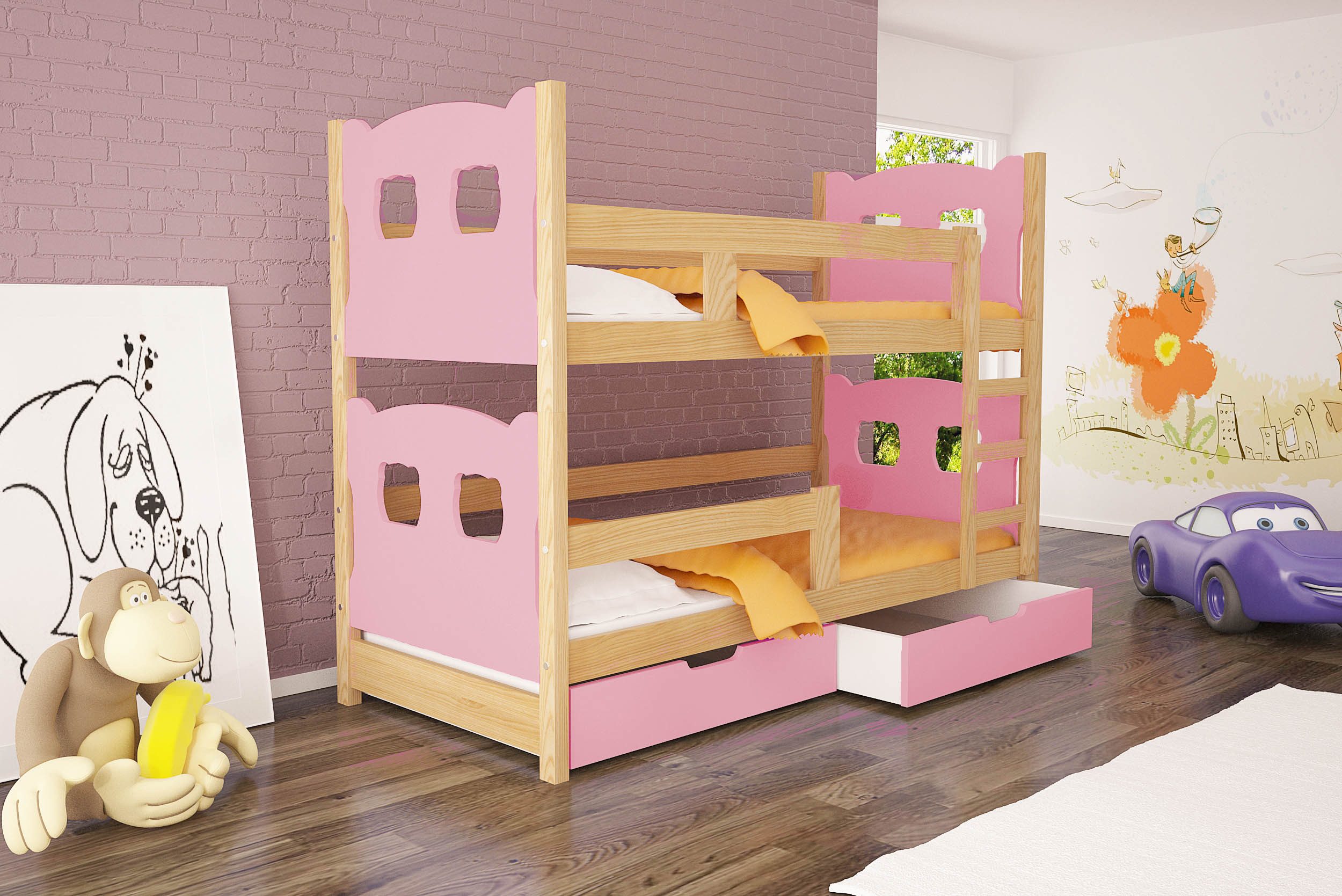 thematys Hochbett Etagenbett optional mit Ausziehbett + Inklusive Matratzen 180x80cm (MADE IN EU-Kinderbett für Jungen und Mädchen, in Weiß, Grau, Natur, Rosa, Grün oder Blau, inklusive Lattenroste - Aus Kiefernholz und MDF Platten gefertigt) mit zwei Schubladen