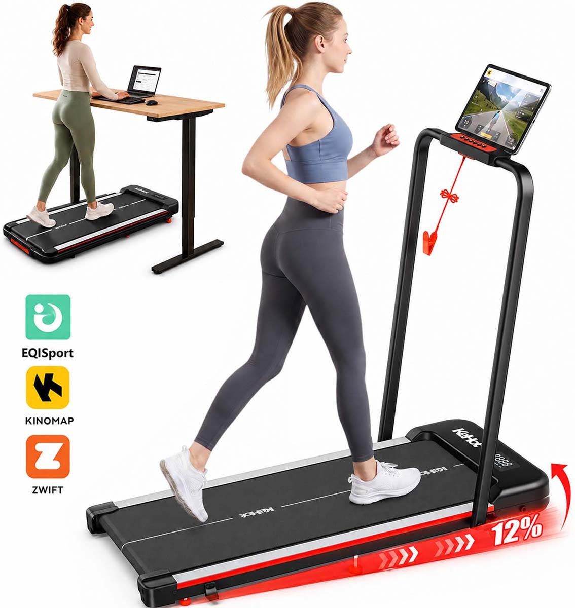 kehot Laufband Laufband für Zuhause mit Steigung und gelenkschonendem Laufkomfort (Walking und Laufen von 1–12 km/h für Homeoffice und Alltag, Ideal für Kalorienverbrauch, tägliche Bewegung und Cardio), Klappbar, platzsparend und App-kompatibel für flexib