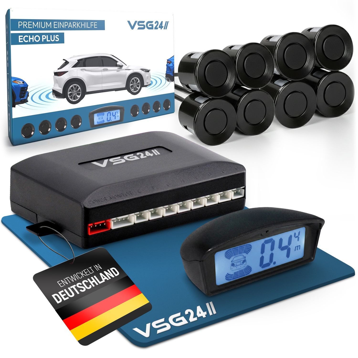 VSG24 Premium Kombi-Einparkhilfe ECHO PLUS Display Parkhilfe zum nachrüsten Rückfahrkamera (Rückfahrwarner mit Display & 8 Sensoren Stecksystem Nachrüstsatz PDC)