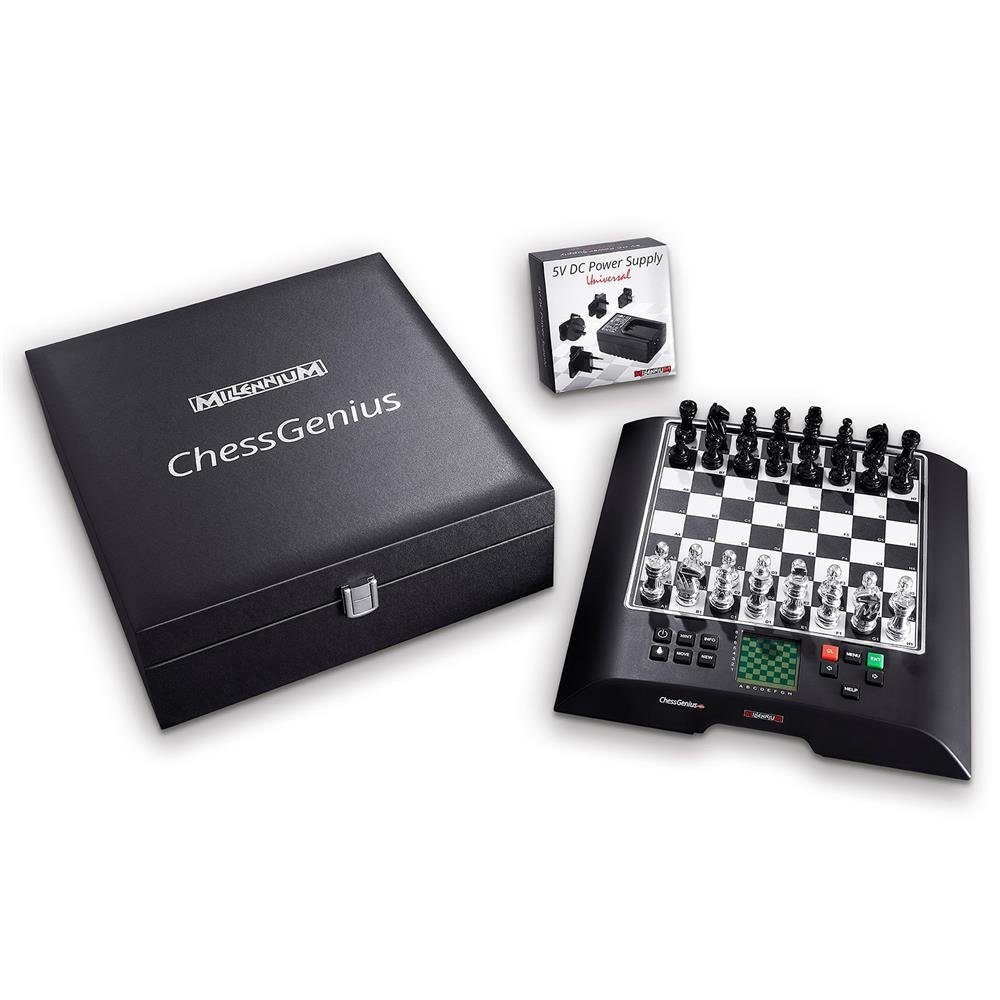 Millennium Spiel, M814 ChessGenius PRO Special Edition Schachcomputer, Figurensatz aus Chrom, Schwarzchrom und Figurenfilz