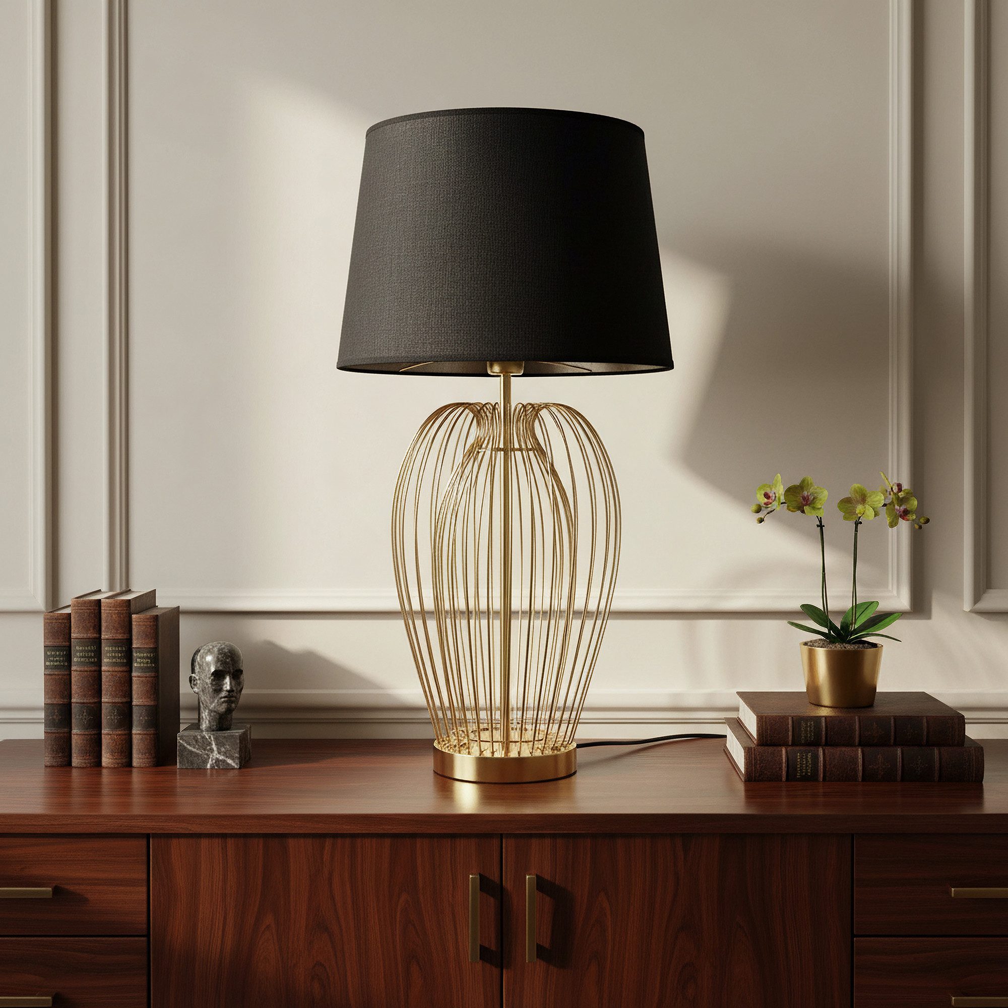 Arnusa Tischleuchte edle Tischlampe goldfarben 63 cm mit Schirm in schwarz Große Lampe, ohne Leuchtmittel, edle Beistell-Lampe