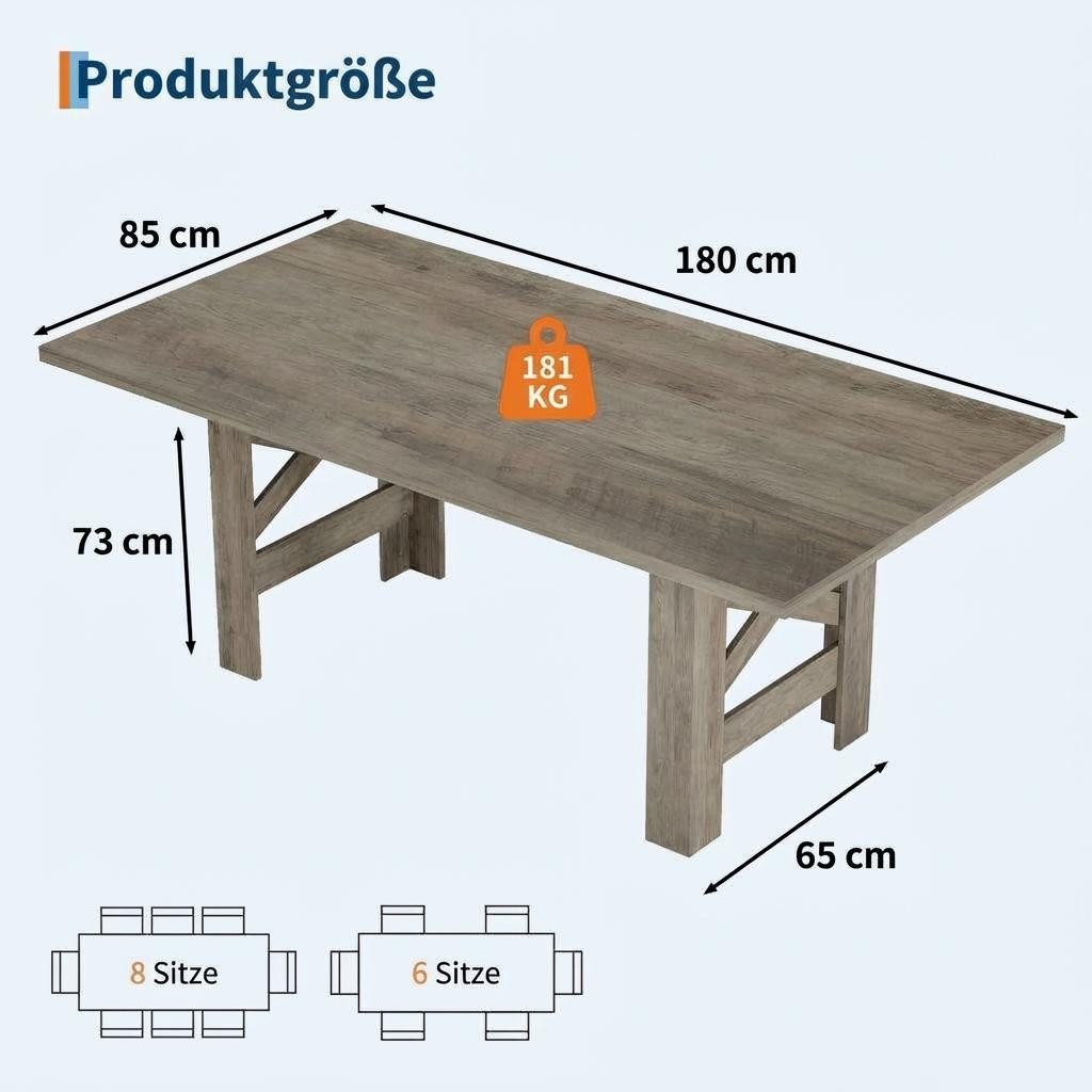 GarveeMore Esstisch 180 cm Küchentisch Wohnzimmertisch im Holztisch Landhausstil (1Tisch), Esstisch für 6-8 Personen, Küche & Esszimmer