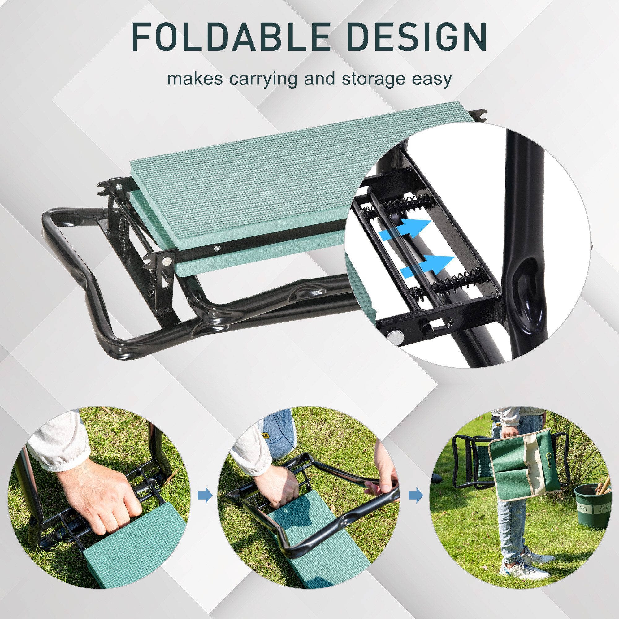 Outsunny Arbeitshocker klappbar mit Kniekissen, Werkzeugtaschen, belastbar bis 150 kg (Gartenhocker, 1 St., Kniebank), für Garten, Balkon, Grün – Bild 5 von 5